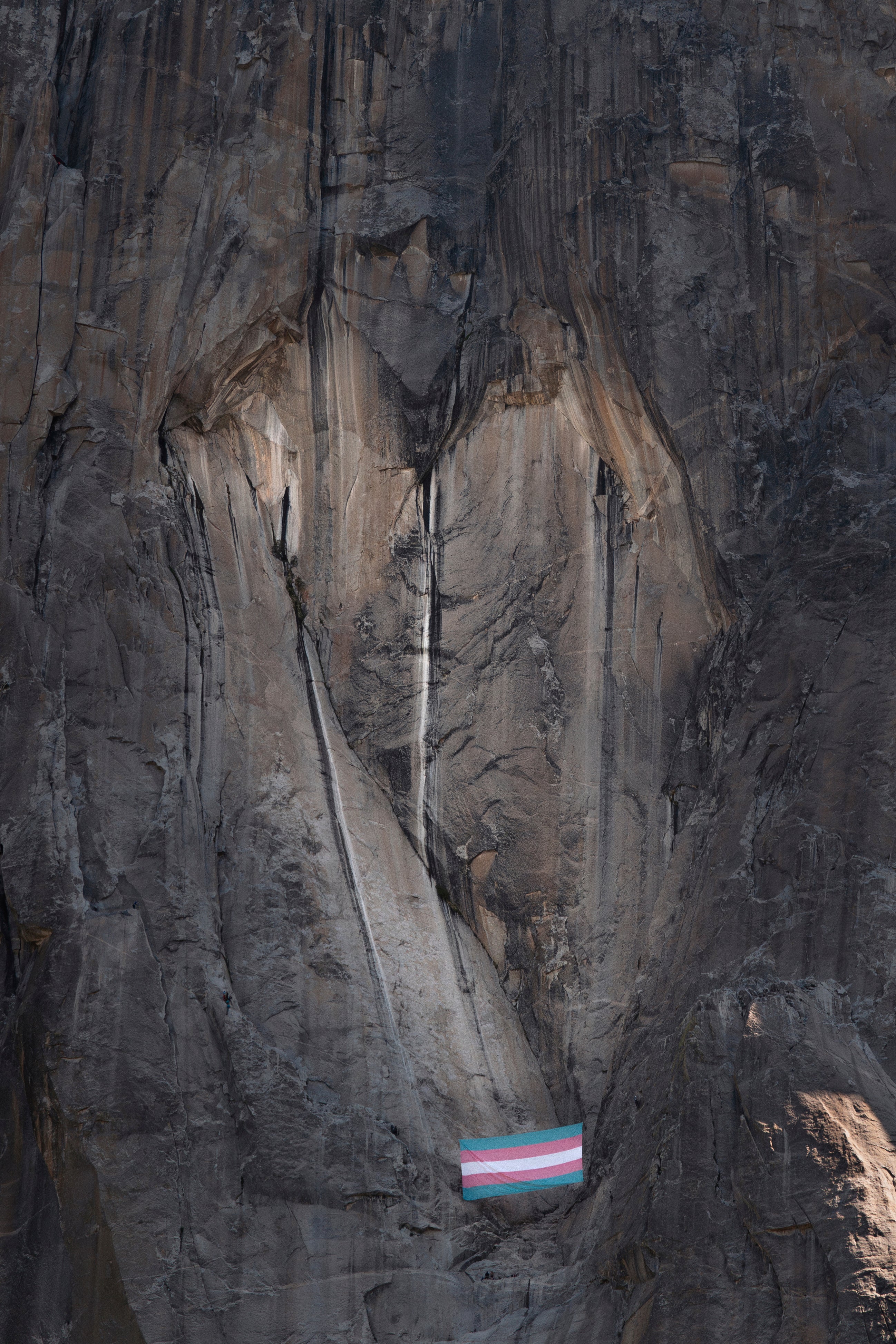 A transgender flag hangs on El Capitan in Yosemite National Park, Calif., May 20, 2025