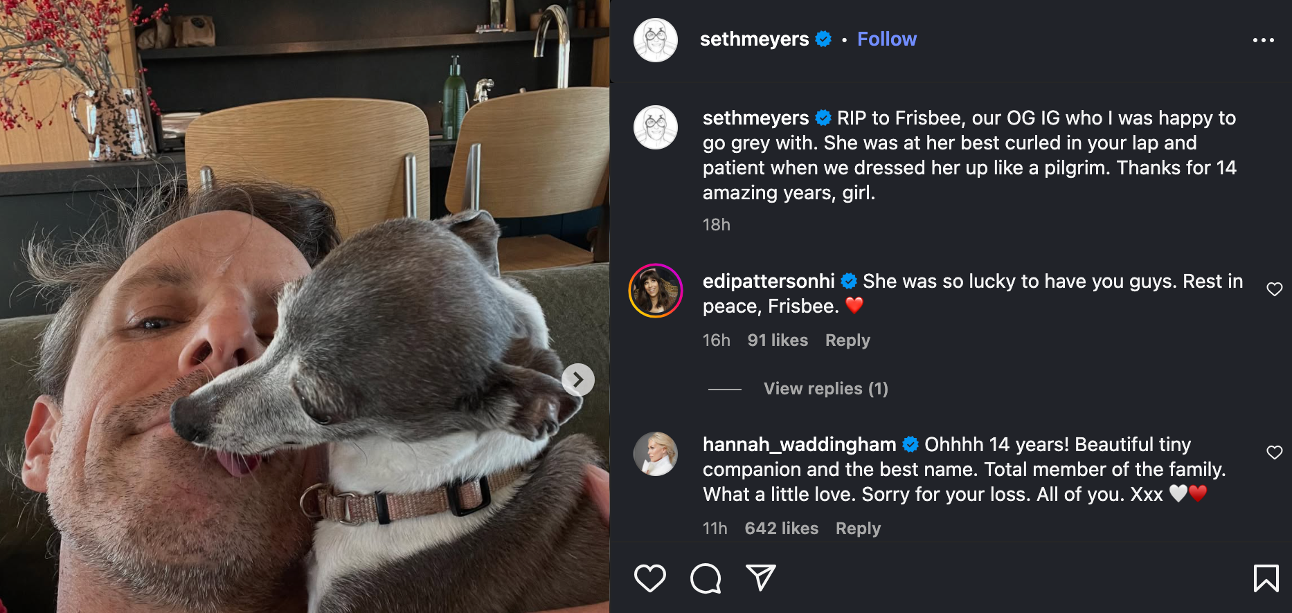 Seth Meyers paid tribute to dog Frisbee