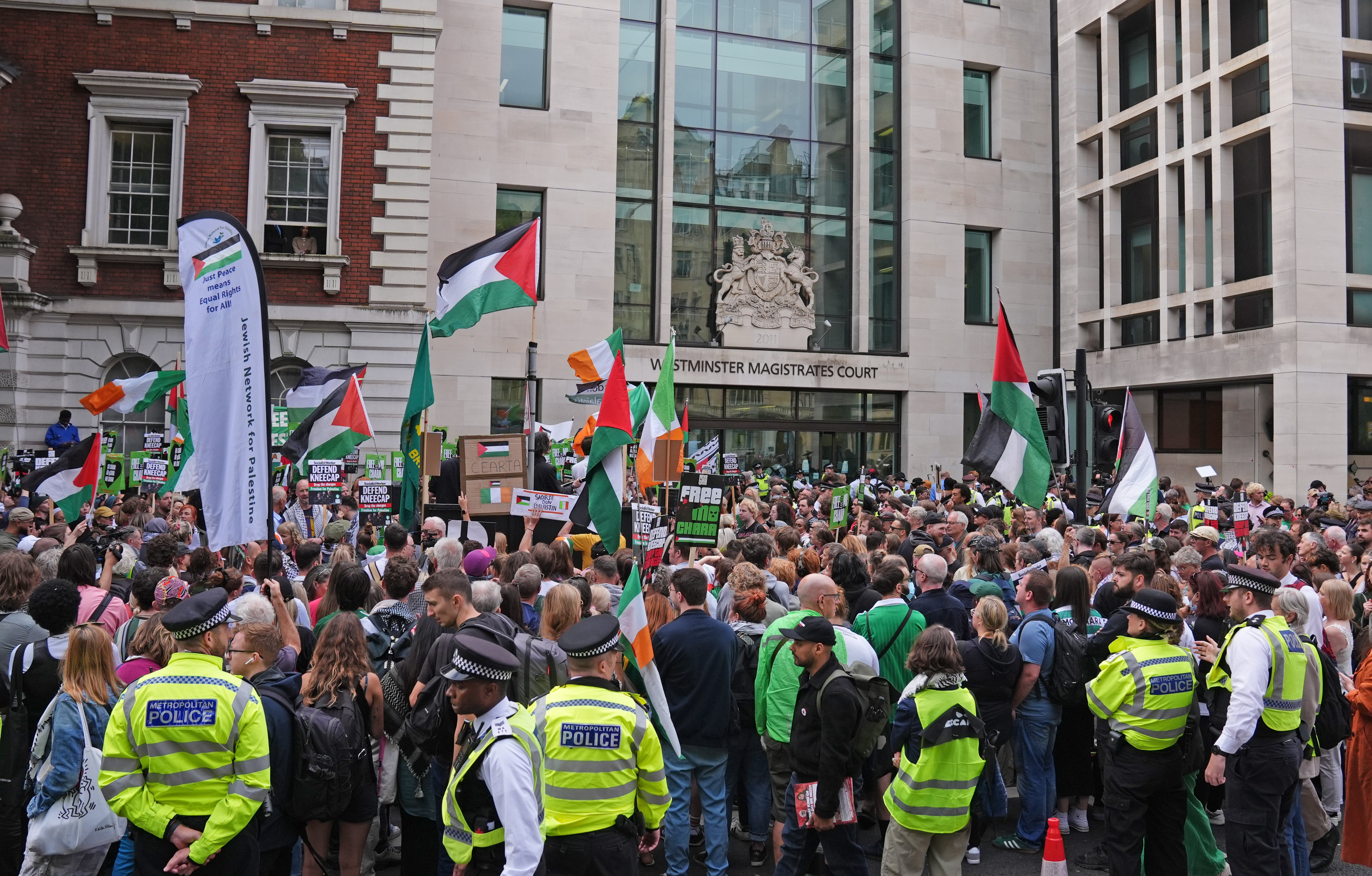 Supporters of Kneecap’s Liam Og O hAnnaidh outside Westminster Magistrates’ Court