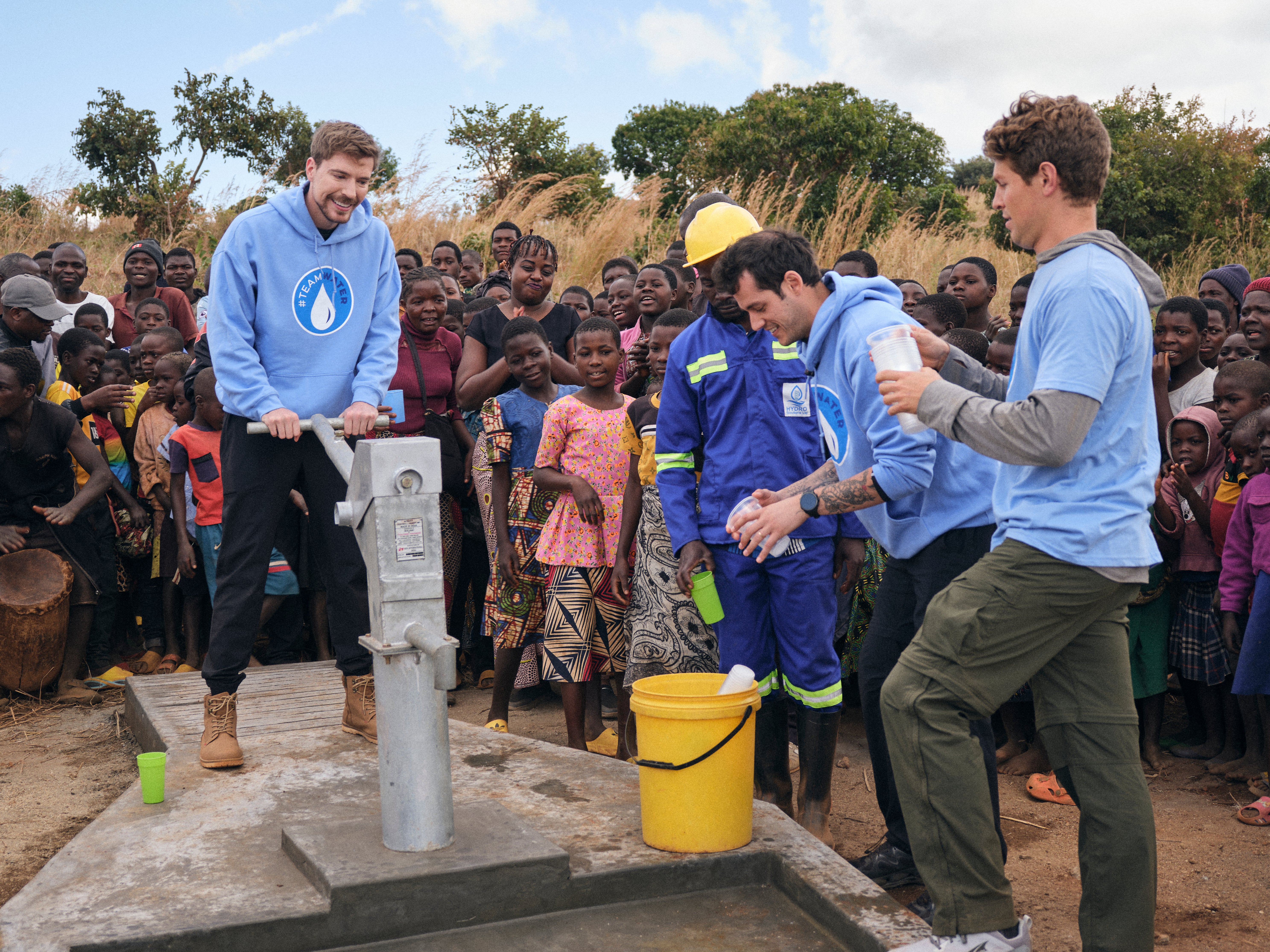 Youtubers Mr Beast, Ben Azelart and Orkun Işıtmak visit Dyetse Village, Malawi as part of the #TeamWater campaign, where a new well point has been installed to provide clean drinking water to the community