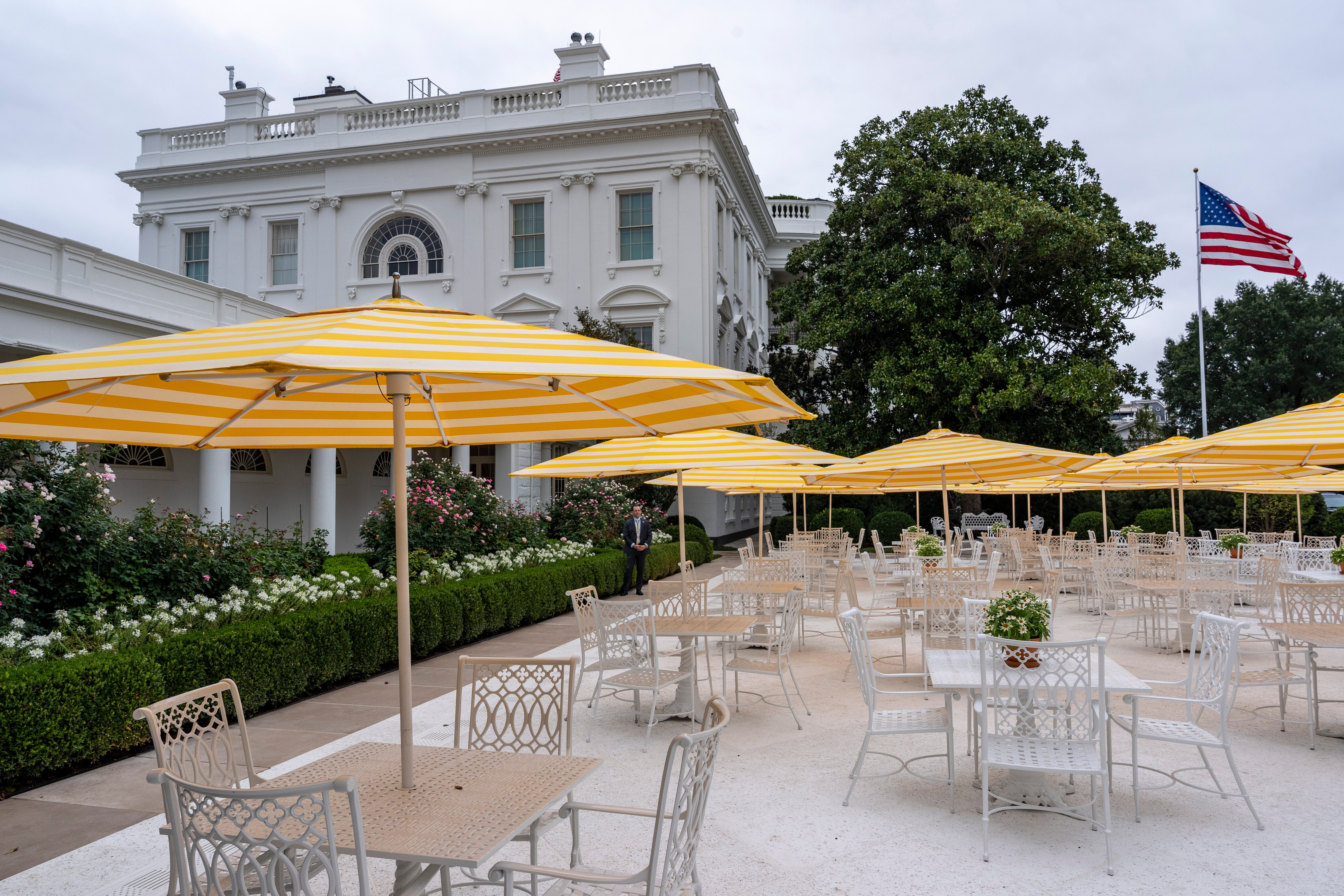Trump blares ‘Whiter Shade of Pale’ and shows off umbrellas flown from Mar-a-Lago in bonkers tour of White House Rose Garden