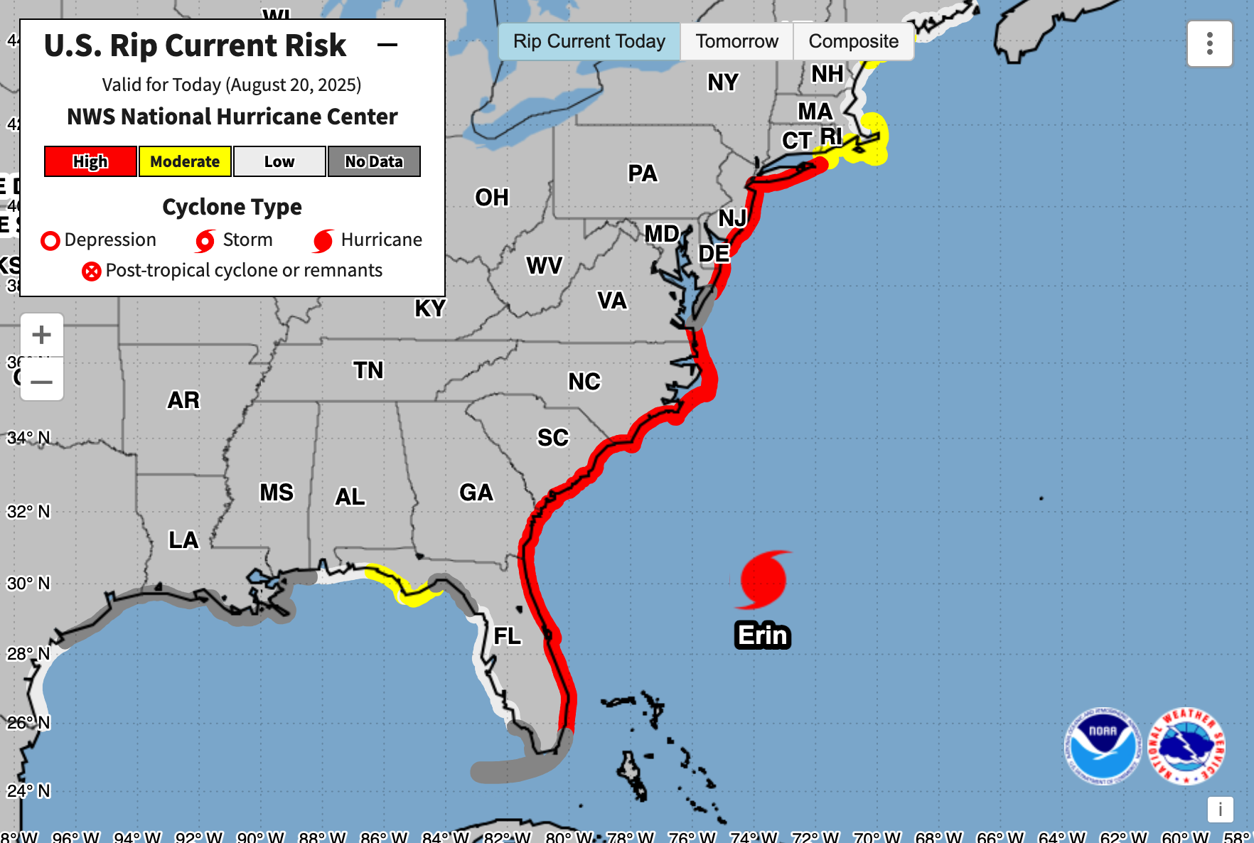 Hurricane Erin mapped: Tracking areas most likely to see the impacts of storm surge and 20-foot waves