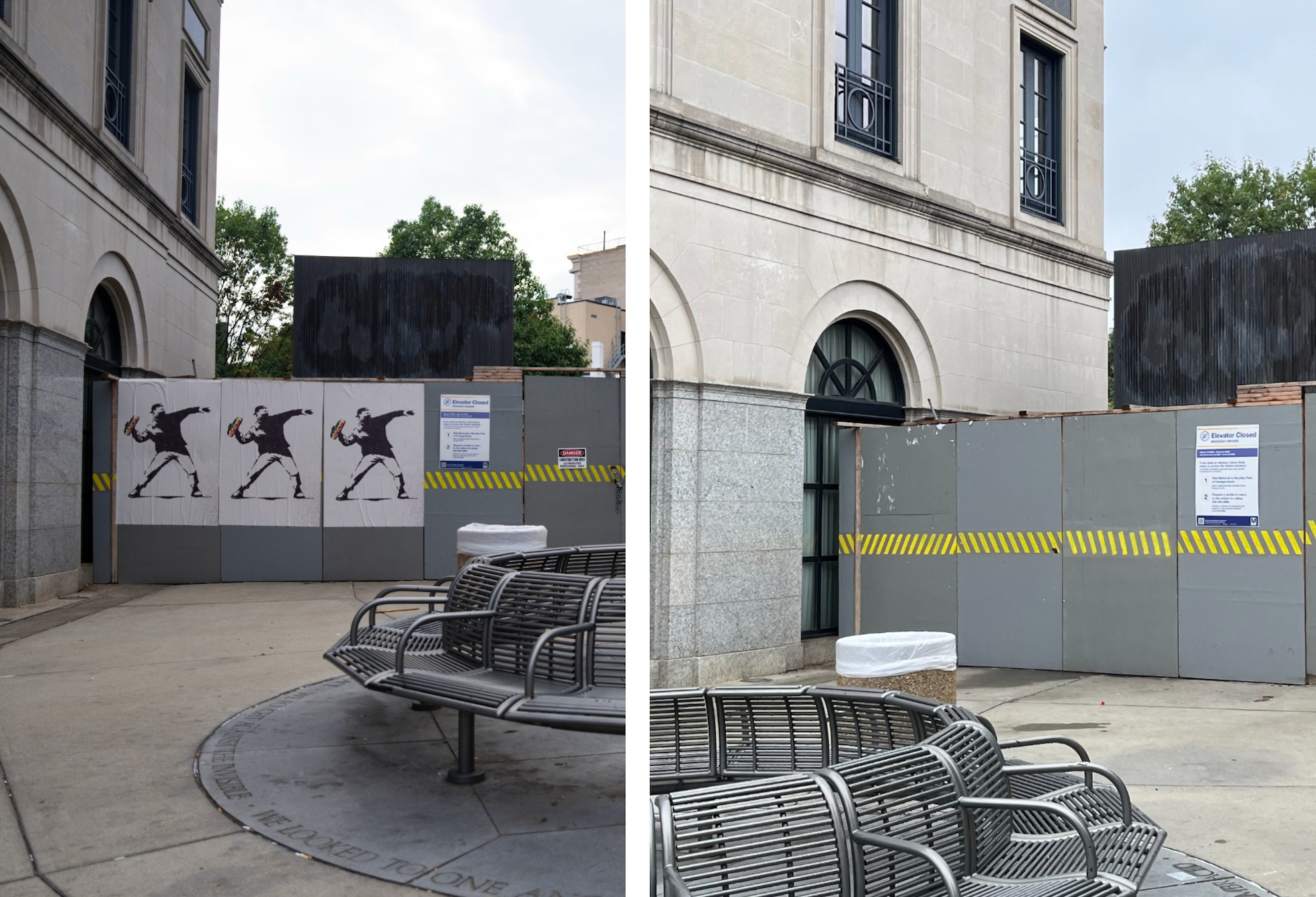 Banksy-style portraits honoring the D.C. sandwich thrower were hanging near the Dupont Circle metro station on Sunday (left). By Wednesday, those posters were gone (right)