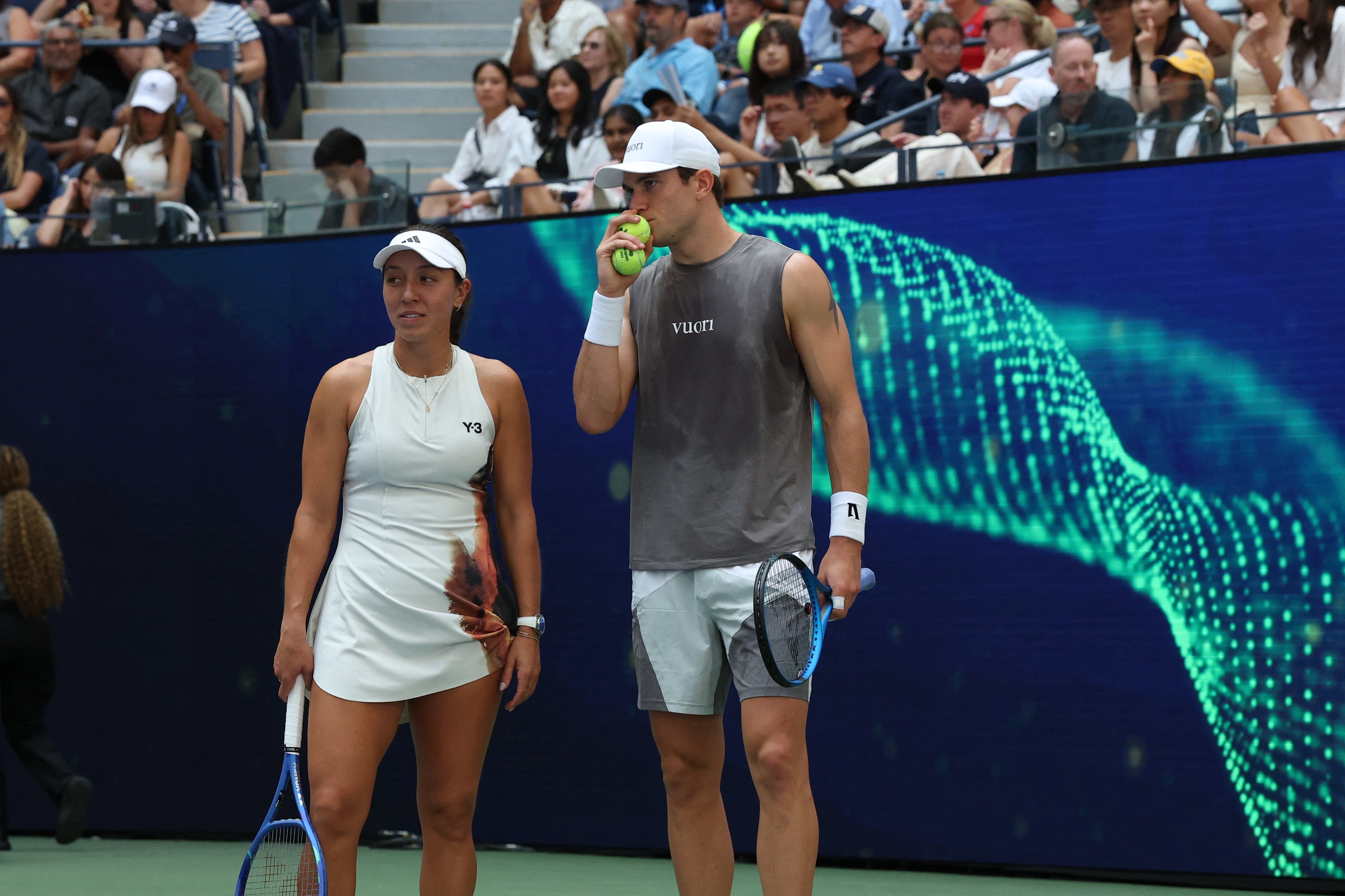 Jack Draper sporting his new Vuori apparel in the US Open mixed doubles with Jessica Pegula