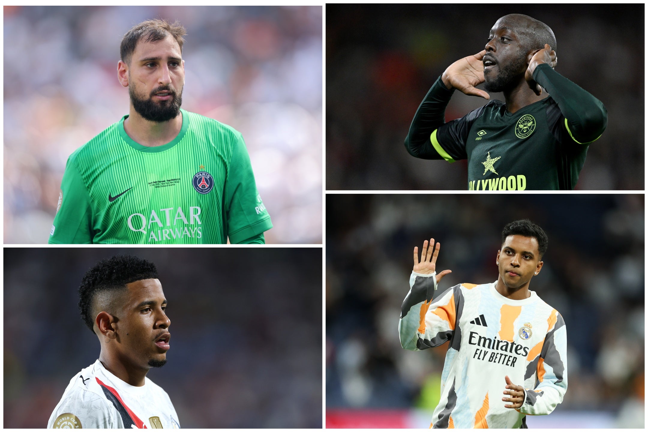 Clockwise from top left: Gianluigi Donnarumma, Yoane Wissa, Savinho and Rodrygo