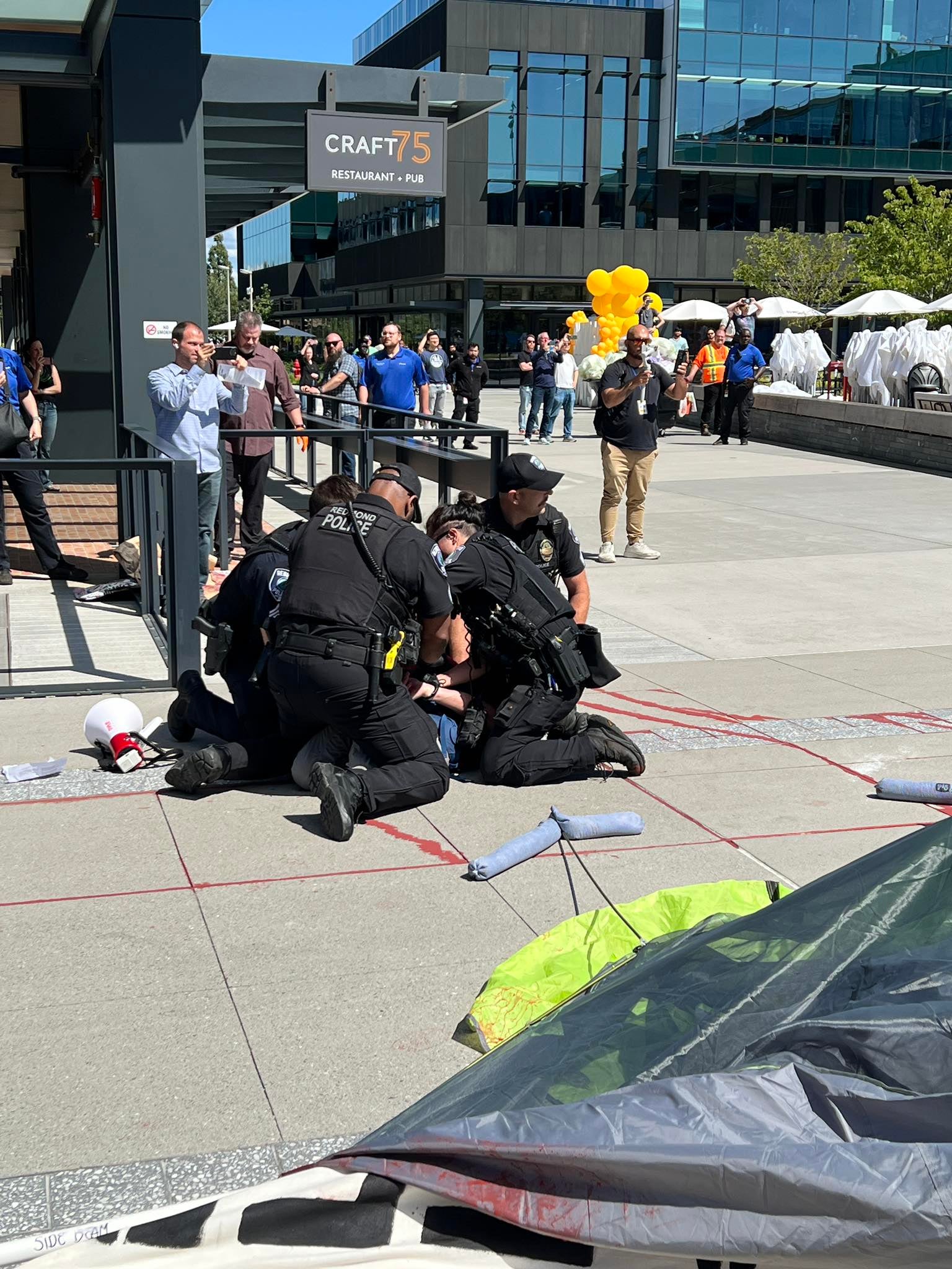 Demonstrators were seen being held down on the ground and arrested