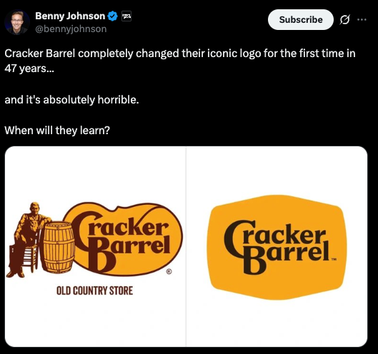 MAGA influencer Benny Johnson was one of the people upset over Cracker Barrel's redesigned logo
