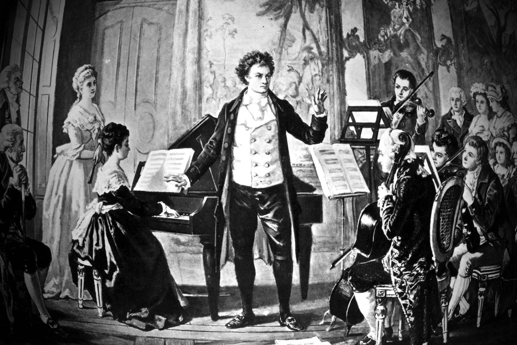 A drawing of Beethoven conducting one of his string quartets, circa 1810