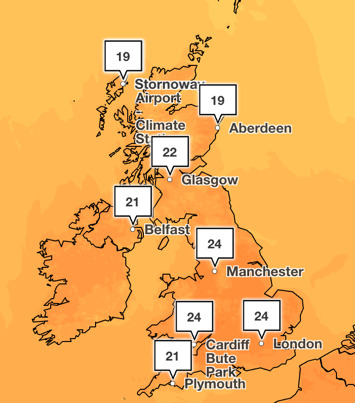 Met Office figures show that temperatures are expected to hit highs of 24C on bank holiday Monday