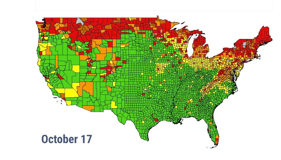 By mid-October, much of the northern U.S will be in its peak season for foliage, according to the Farmer's Almanac. That's shown on this map in red and orange, while yellow marks the start of the season