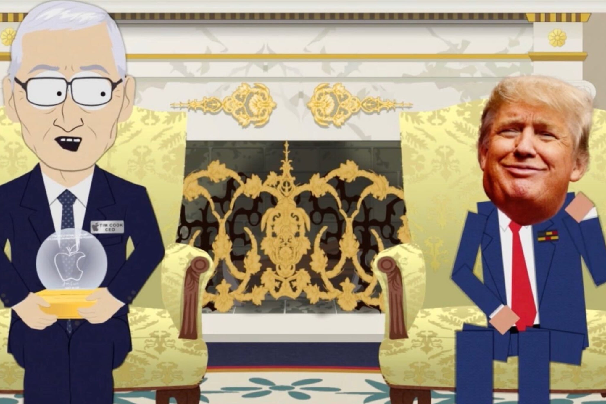 Donald Trump greets Apple CEO Tim Cook during 'South Park' season 27 episode 3