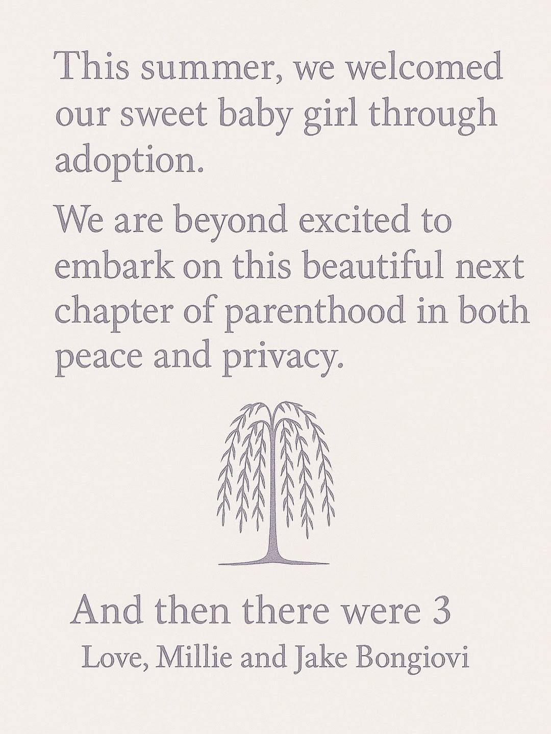 Millie Bobby Brown announced the news of her and Bongiovi's adoption on Instagram