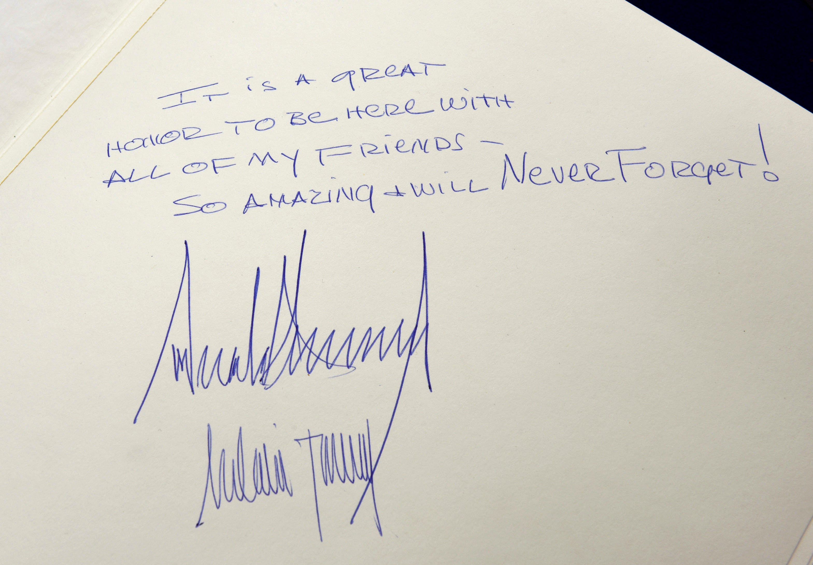 Signatures of Melania and Donald Trump in the Yad Vashem Holocaust Memorial Museum guest book on a visit to Jerusalem in May, 2017.