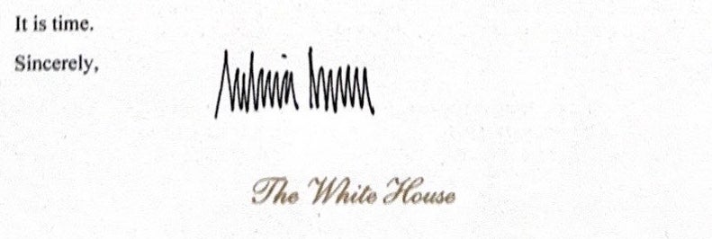 Melania’s signature on the letter to Putin, handed to him by Trump at last week’s Alaska summit. Melania appealed to him to remember the innocence of the children caught in the midst of the fighting between Russia and Ukraine.