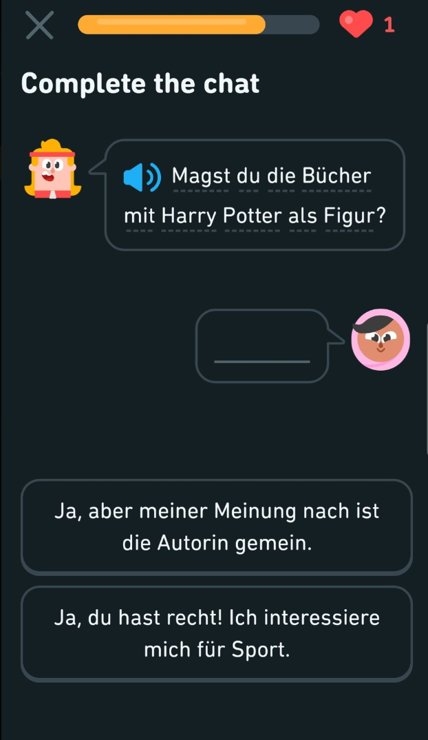 A screenshot from the Duolingo German lesson referring to JK Rowling as ‘mean’