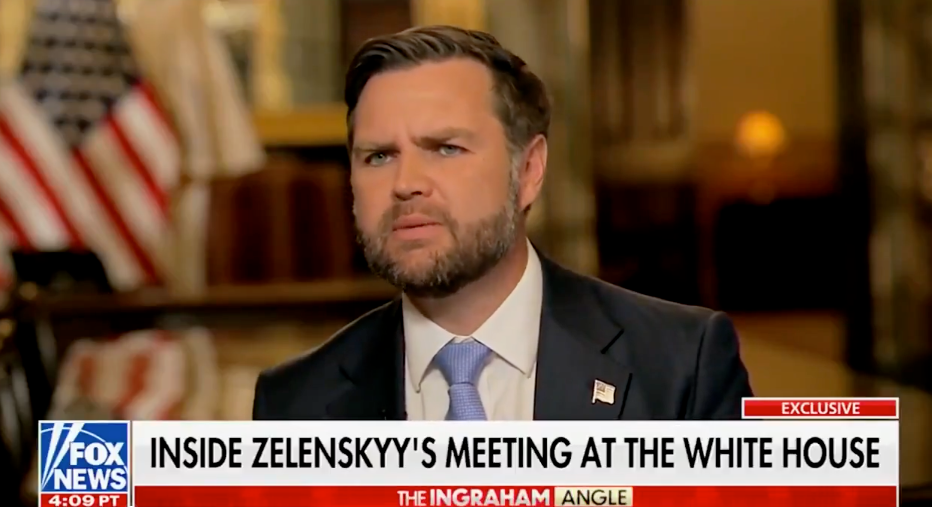 U.S. Vice President JD Vance discusses America's involvement in attempting to end Russia's war in Ukraine with Laura Ingraham on Fox News on Wednesday August 20 2025