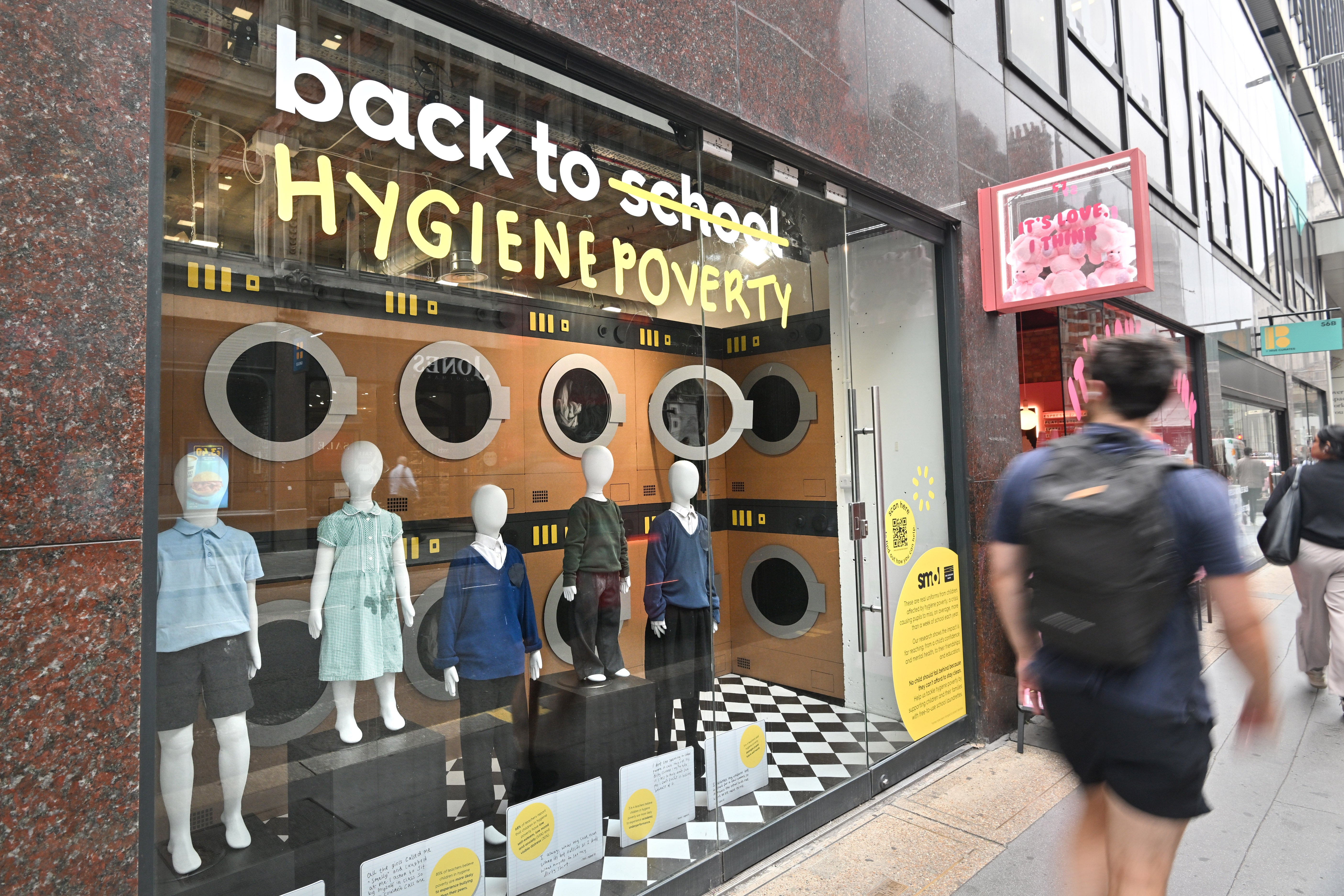 The campaign has displayed five donated dirty school uniforms worn by children living in hygiene poverty