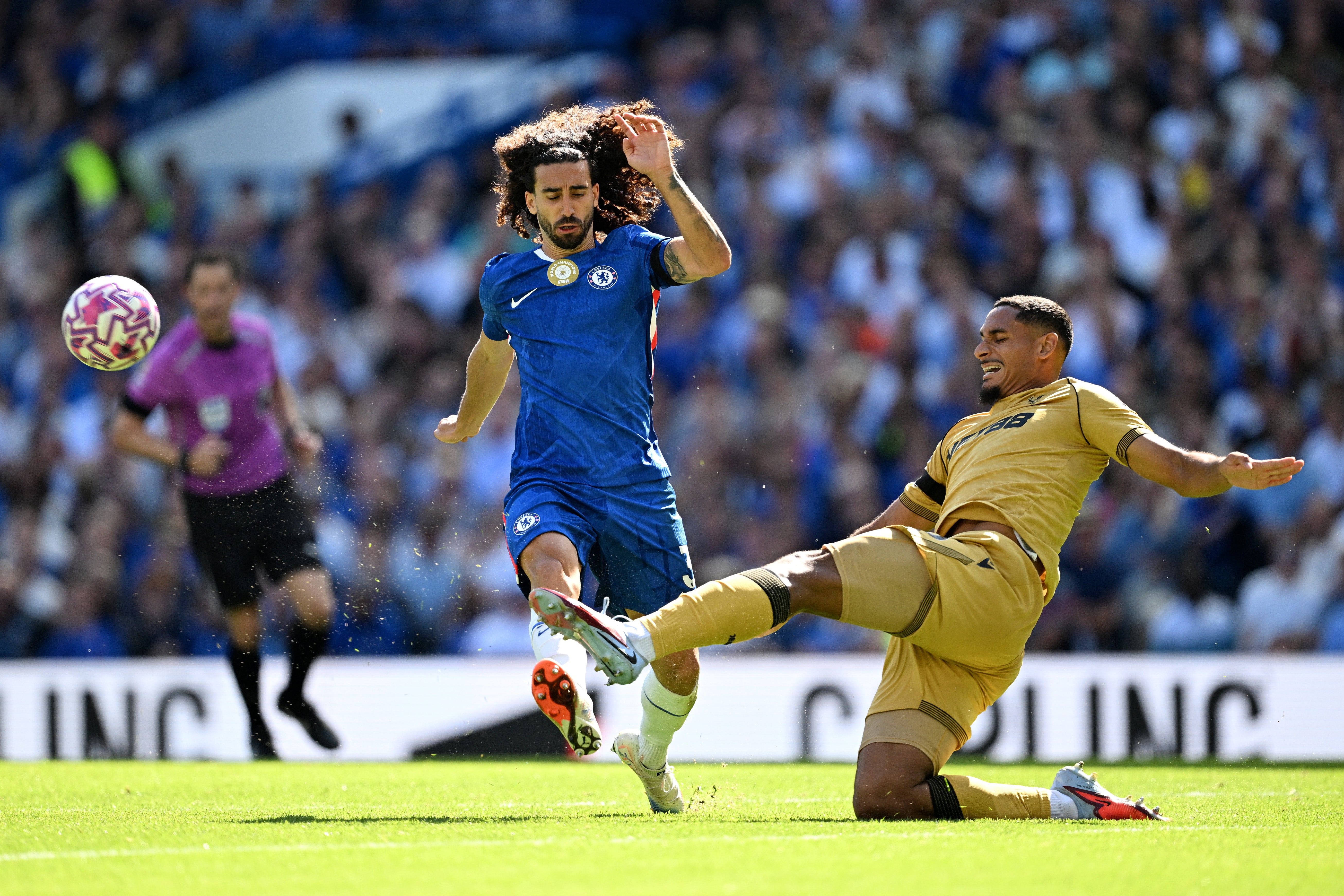Palace defender Maxence Lacroix tackles Marc Cucurella