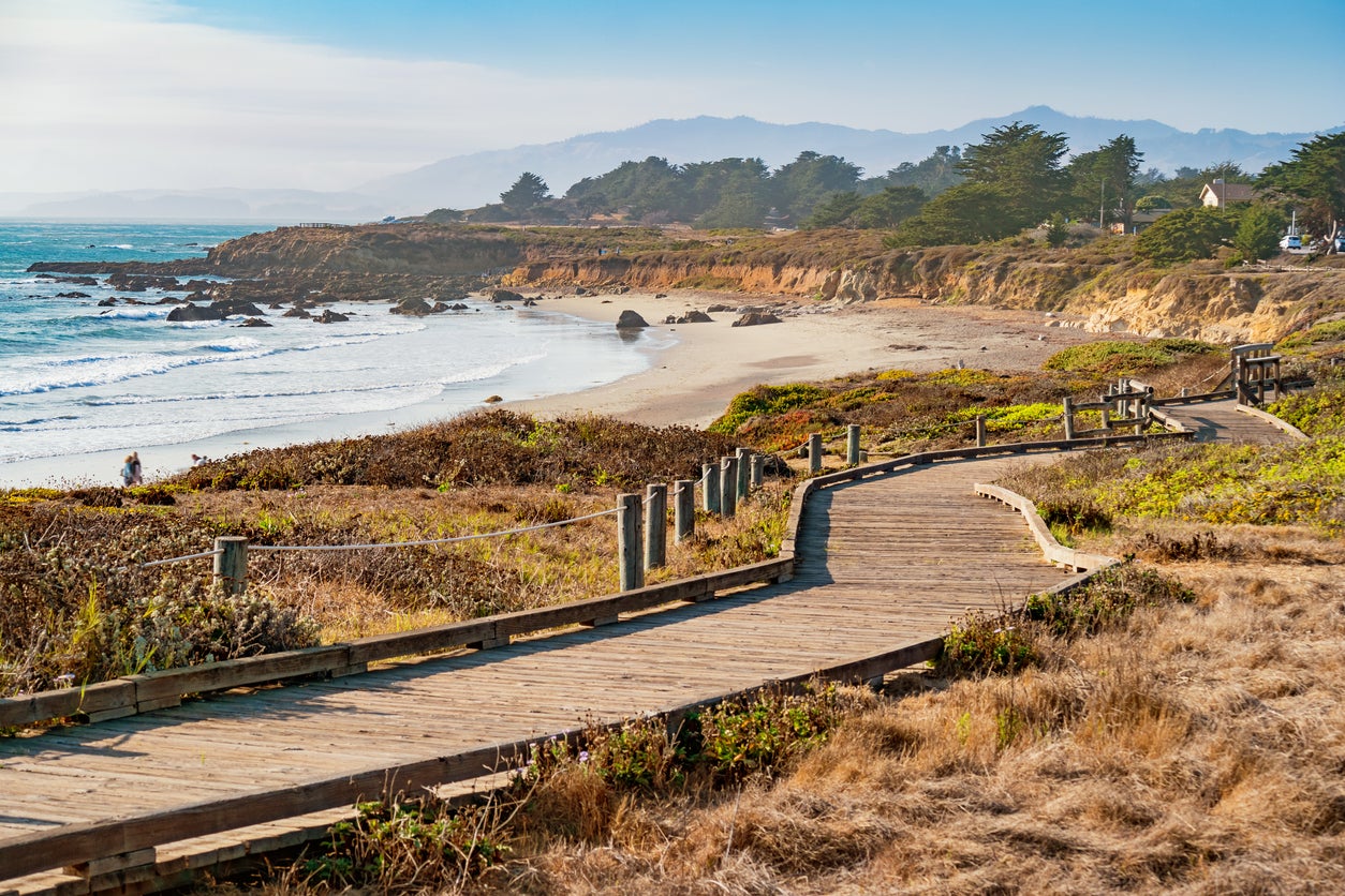 Moonstone Beach is festooned with pearly rocks and is watched over by swaying Monterey pines