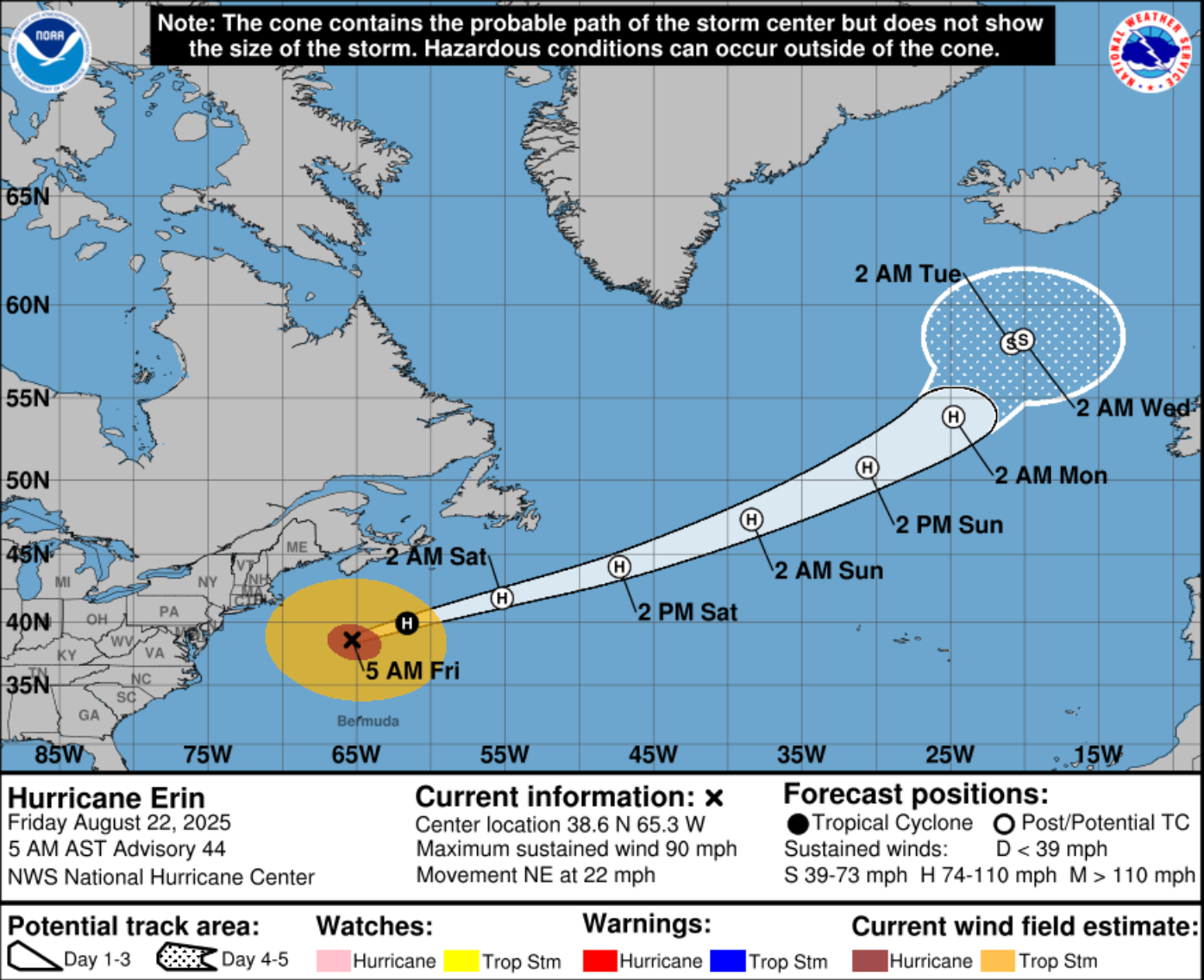 A National Hurricane Center map of Hurricane Erin's probable path