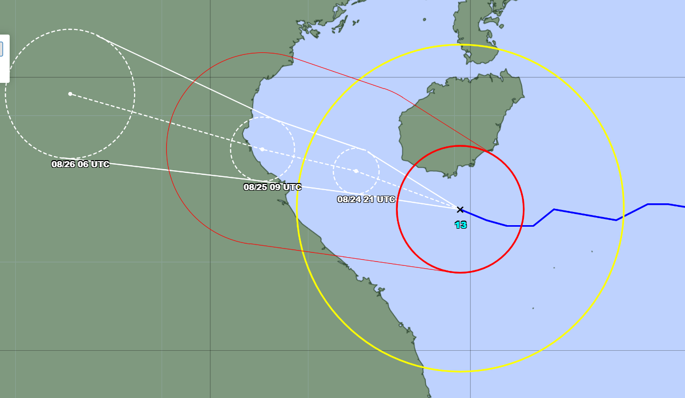 The trajectory of Typhoon Kajiki, seen here located just south of China’s Hainan island, from where it is projected to hit Vietnam just south of Hanoi