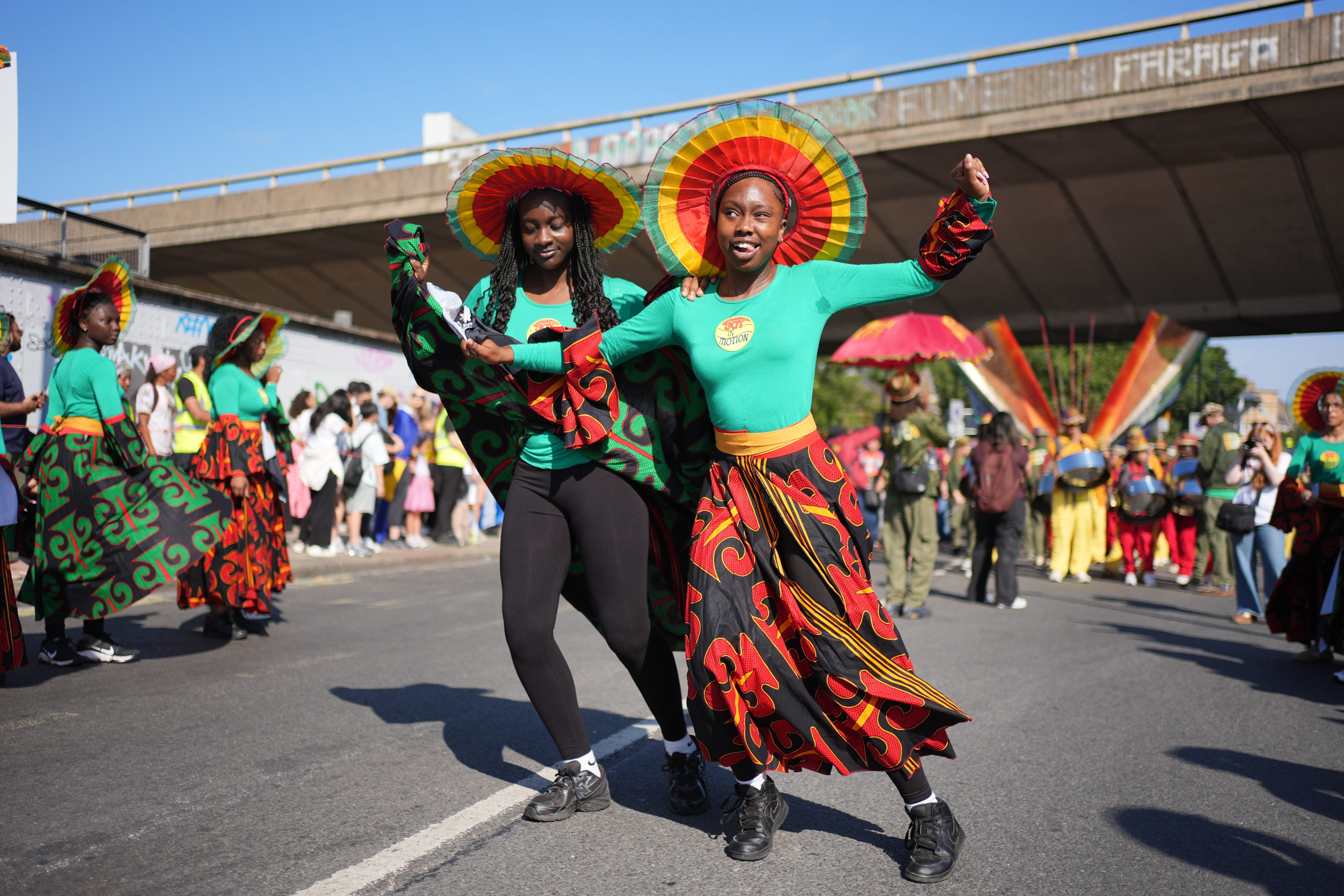 Kinetika Bloco rehearsing, ahead of the opening ceremony of the children’s day parade at the Notting Hill Carnival in London (Yui Mok/PA)