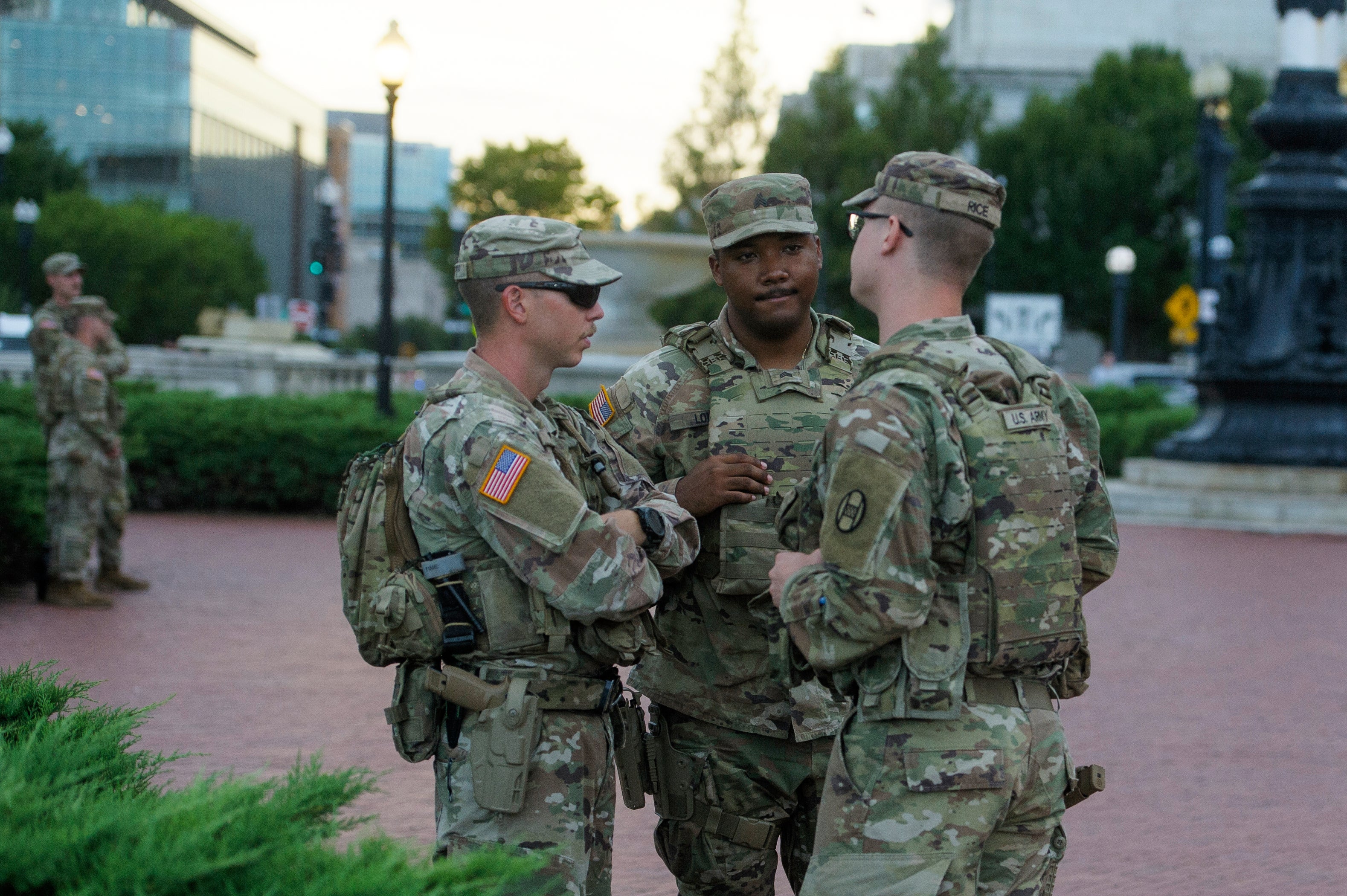 Armed members of the South Carolina National Guard are positioned outside of Union Station in Washington, Sunday, Aug. 24, 2025. (AP Photo/Rod Lamkey, Jr.)