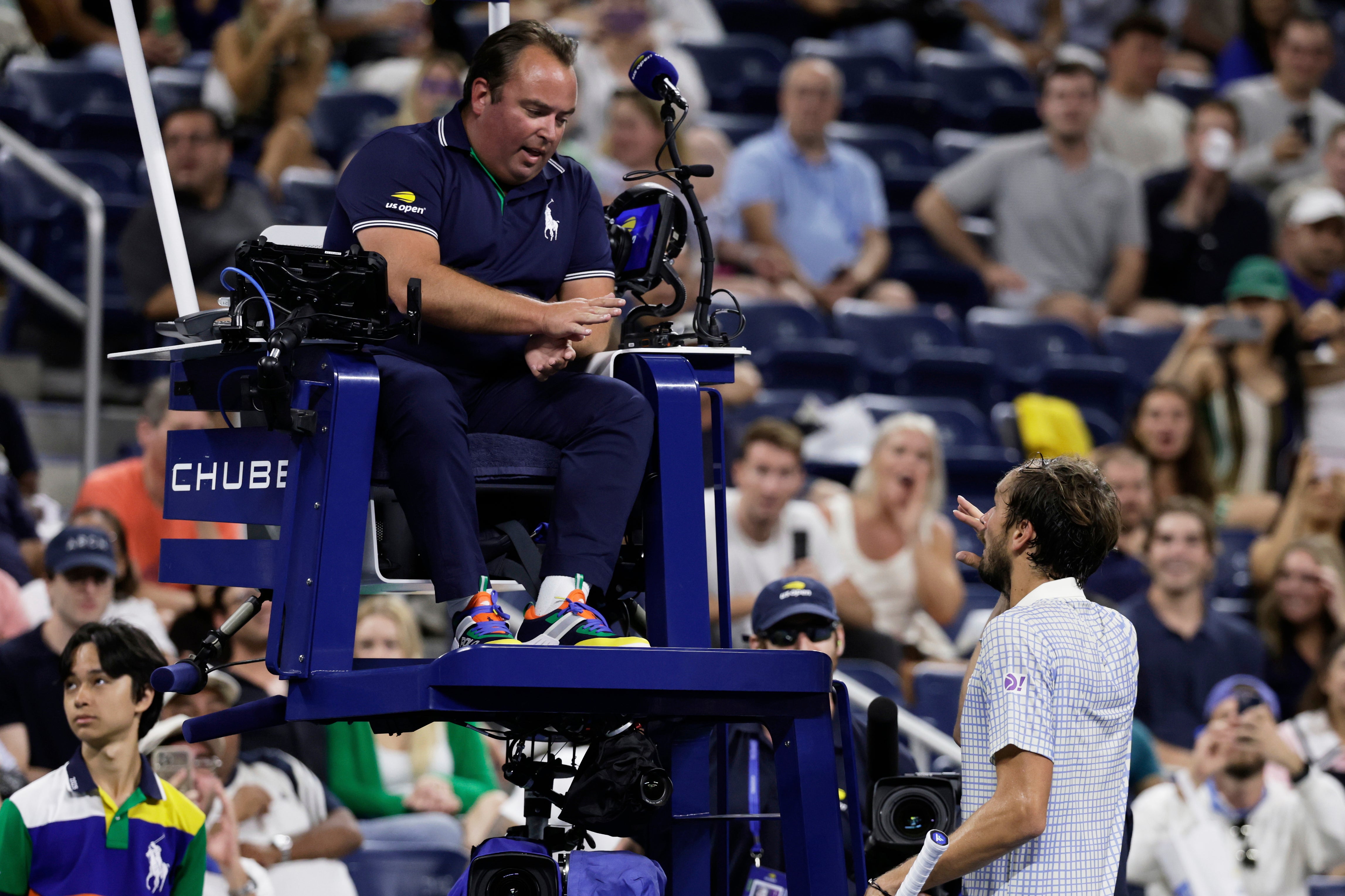 Daniil Medvedev argues with umpire Greg Allensworth (Adam Hunger/AP)