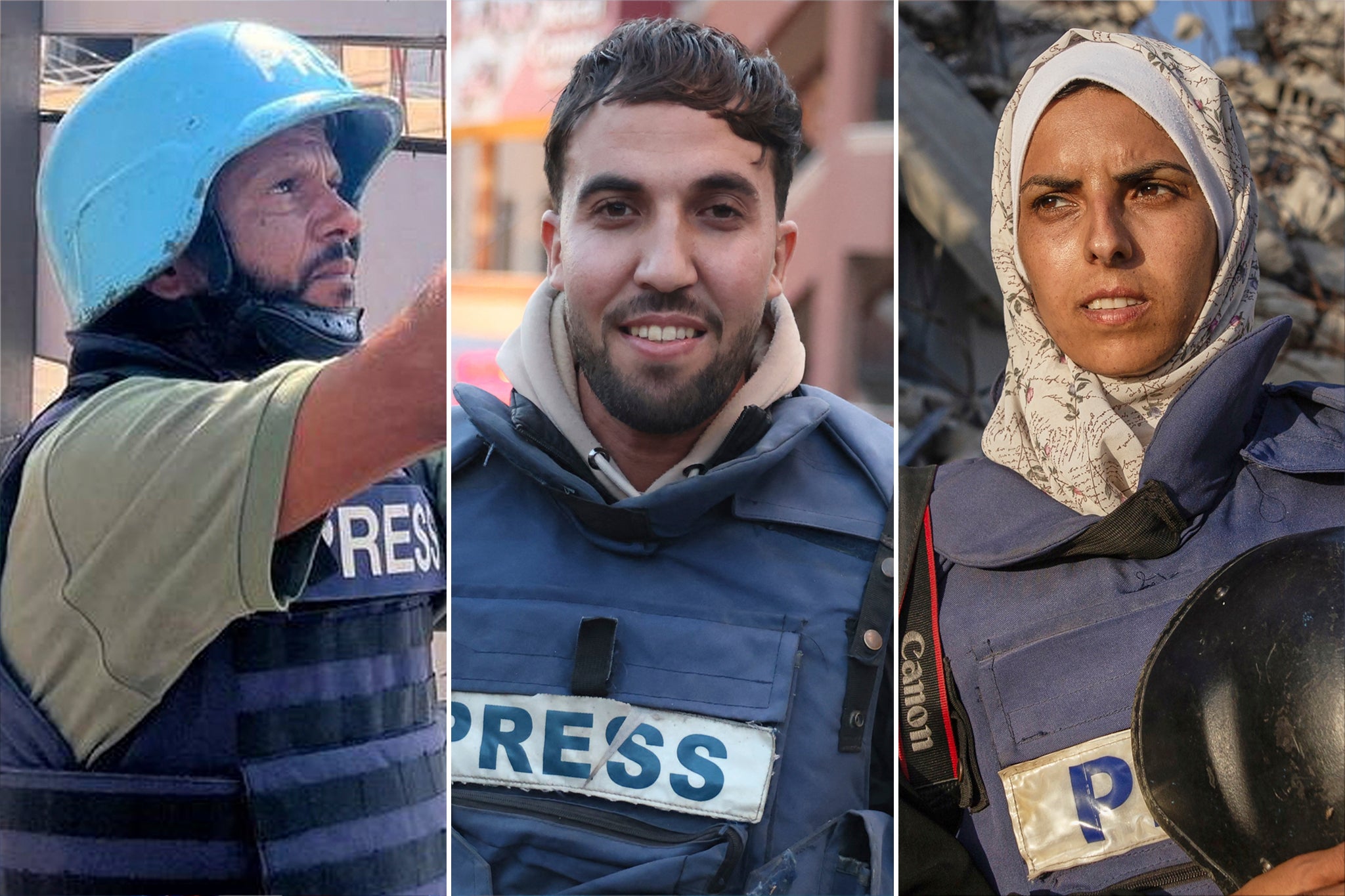 Israel’s airstrike on Nasser Hospital claimed the lives of (from left) Hussam al-Masri, Moaz Abu Taha and Abu Daqqa, in what was called a ‘deliberate targeting of journalists’