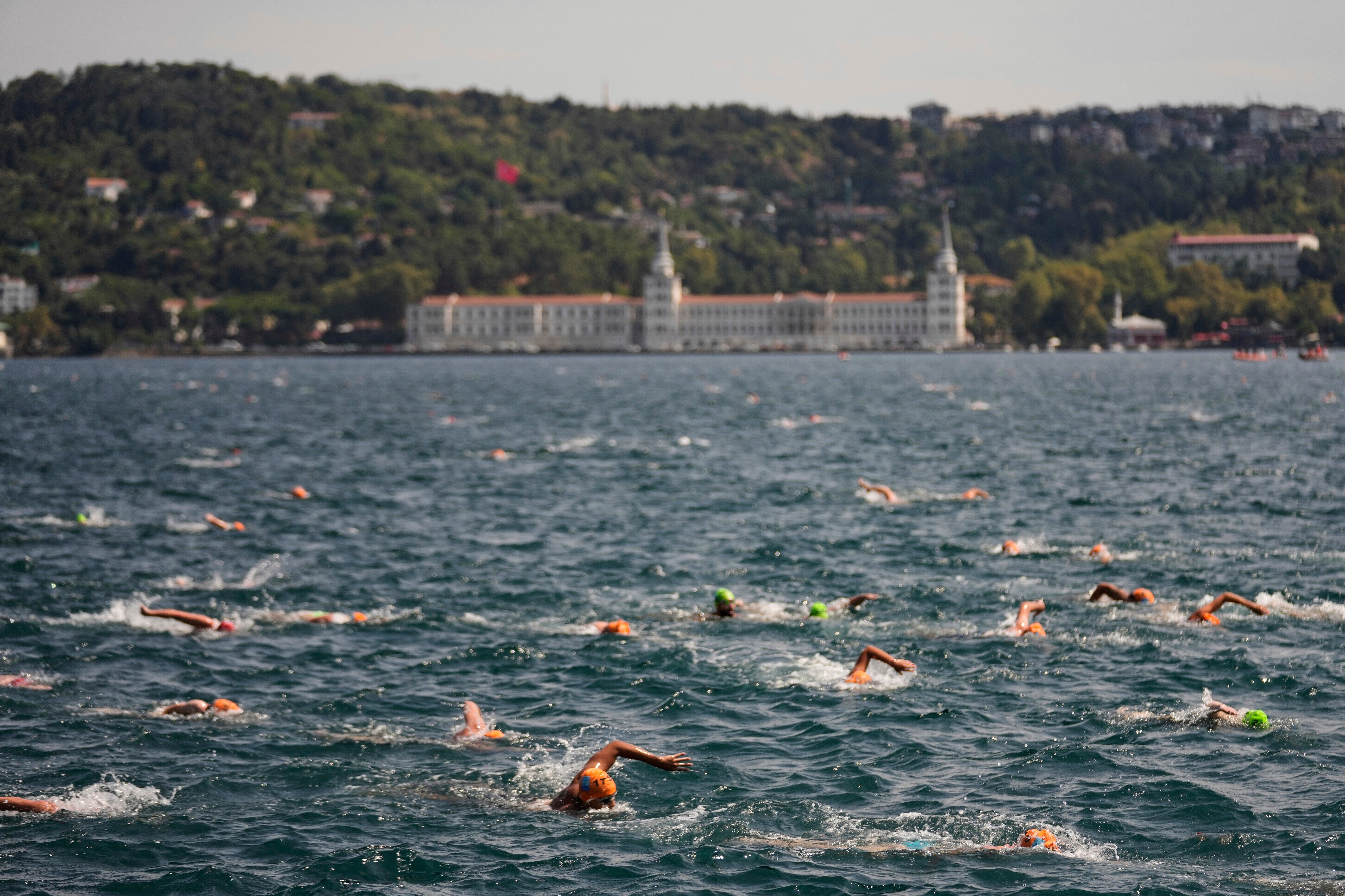 Competitors take part in a 6.5 km swimming race across the Bosphorus Strait, from the Asian side to the European side, in Istanbul, Turkey, Sunday, Aug. 24, 2025. (AP Photo/Khalil Hamra)