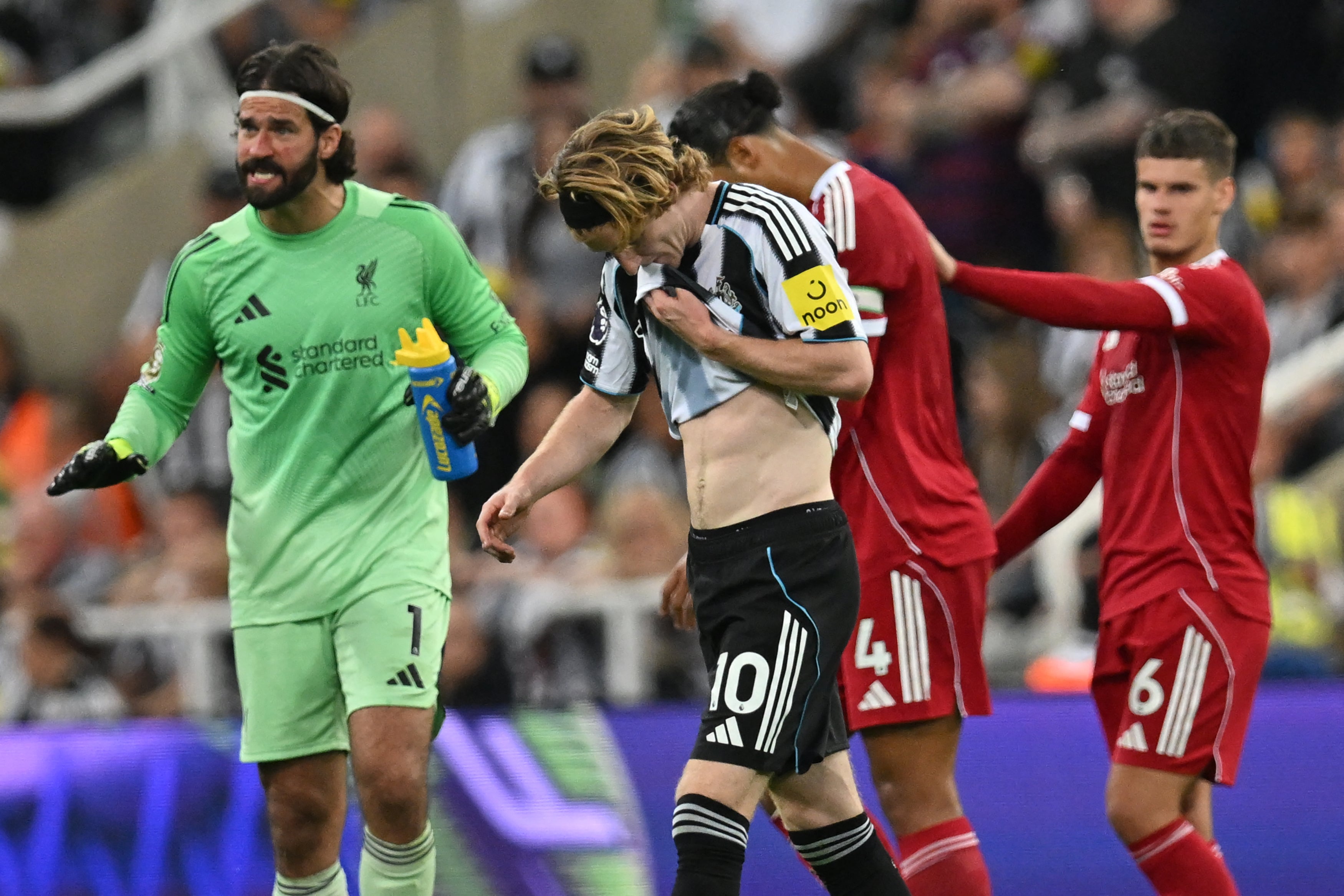Anthony Gordon was sent off in the first half for a rash tackle on Virgil van Dijk