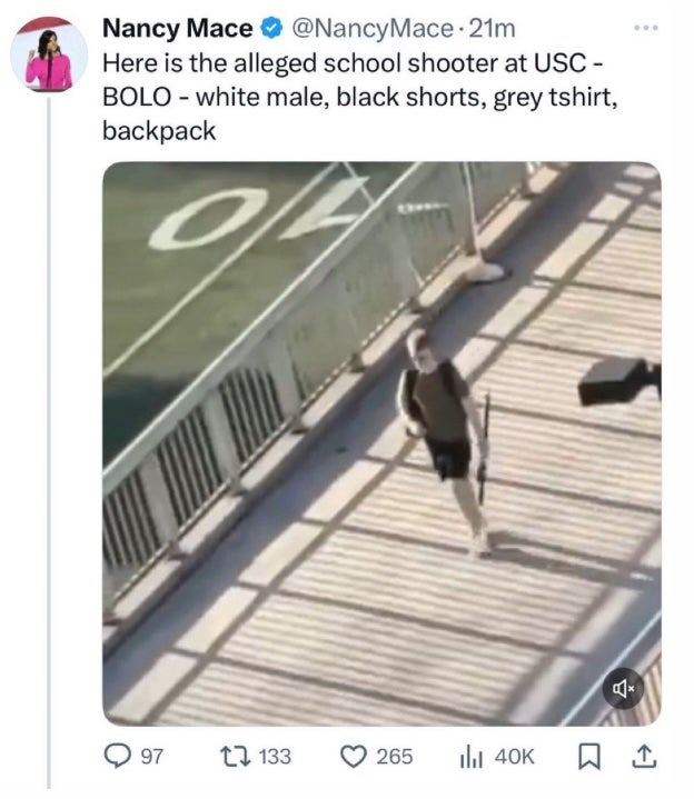 Mace shared a photo of a man walking and holding a black, folded-up umbrella and claimed he was to blame for the active shooter alert at the University of South Carolina Sunday evening