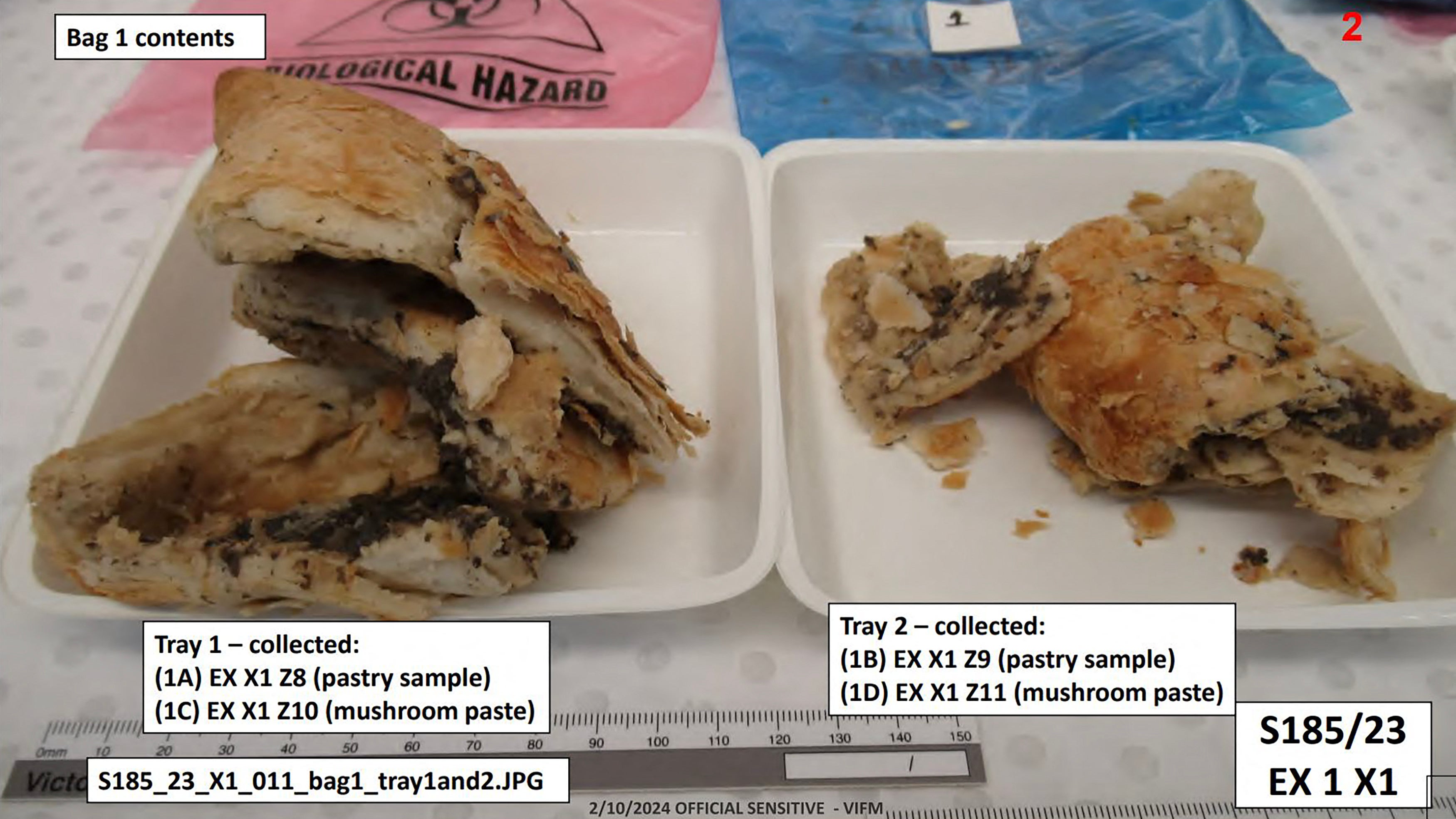 Samples of a beef wellington meal laced with toxic mushrooms that was prepared by Patterson