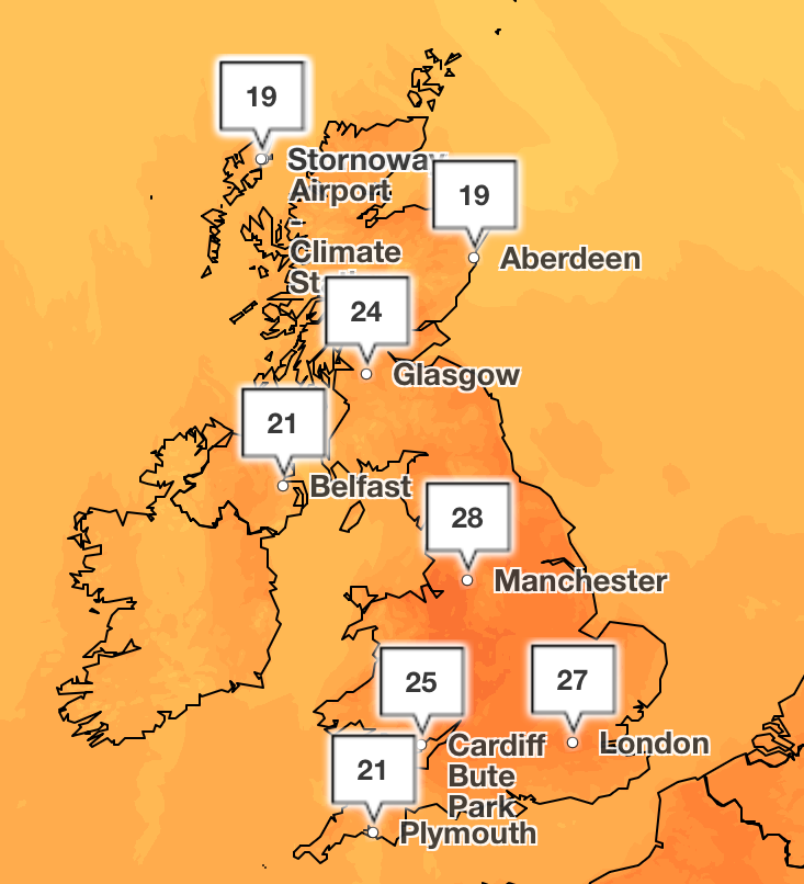 Peak temperatures over the Bank Holiday Monday