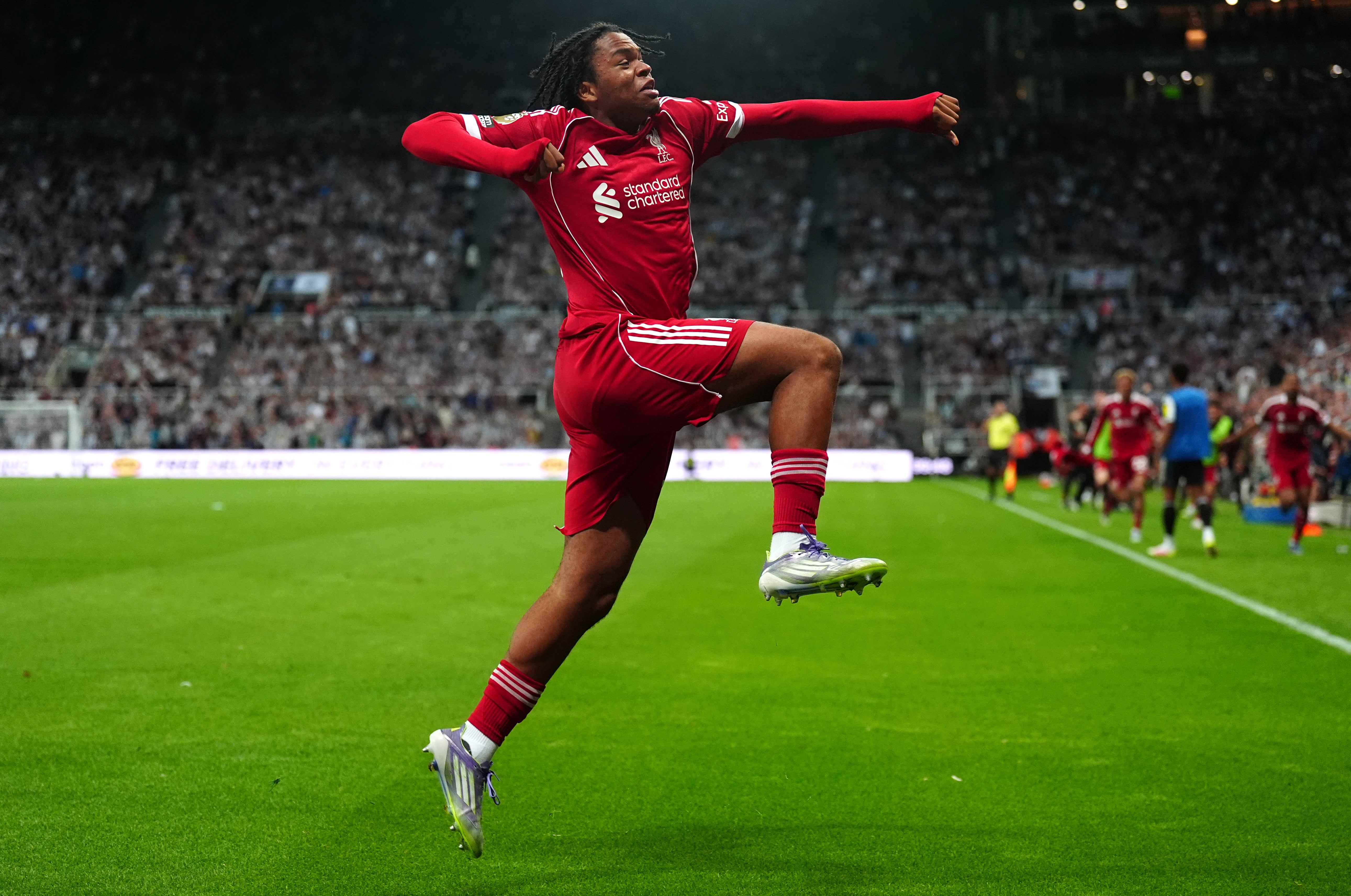 Rio Ngumoha celebrated after scoring Liverpool’s winner against Newcastle (Owen Humphreys/PA)