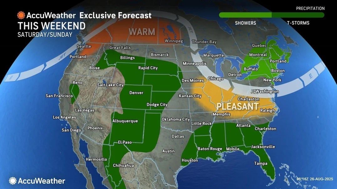 A map shows AccuWeather’s forecast heading into Labor Day weekend. The Rockies will see storms