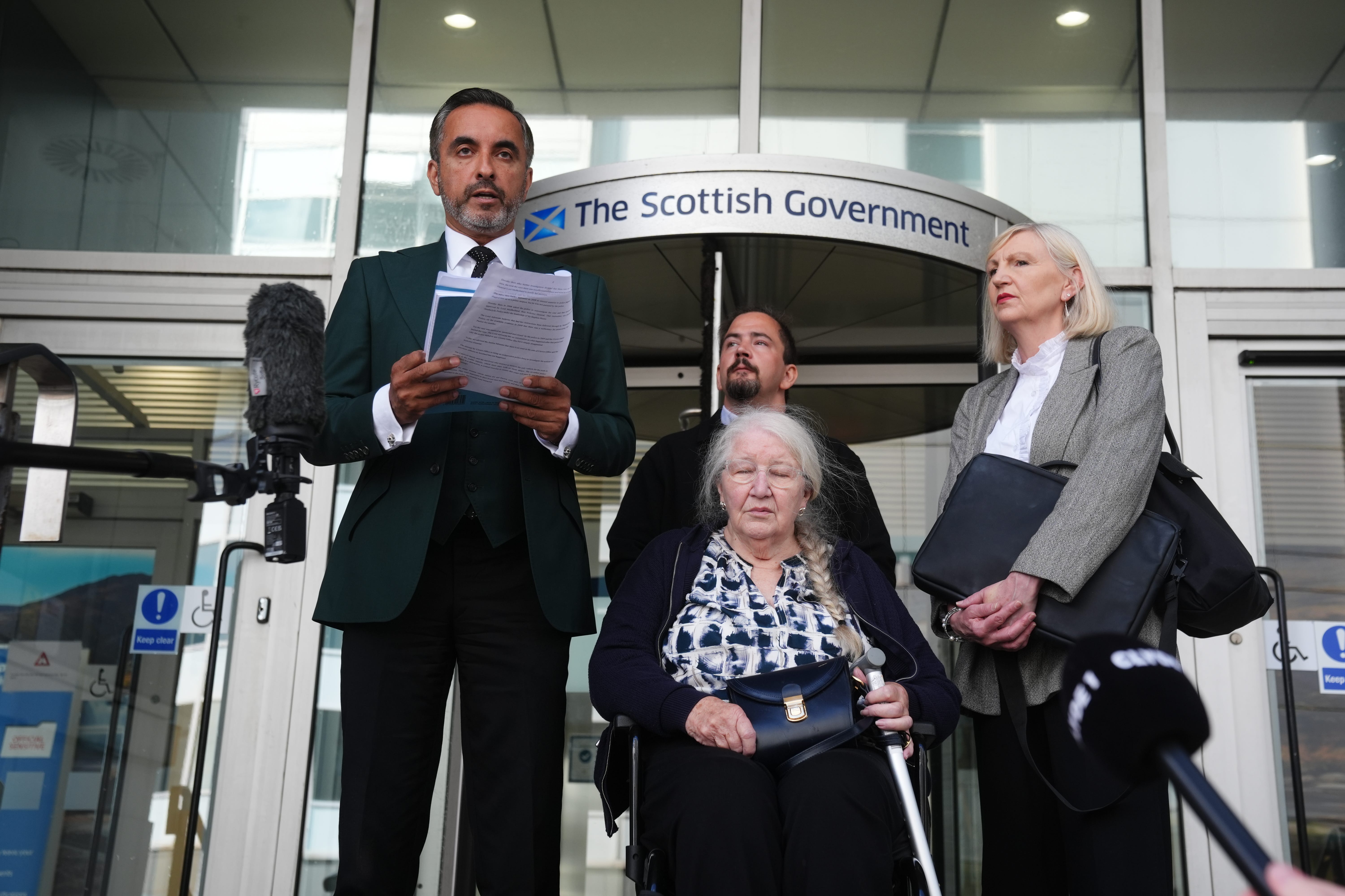 Margaret Caldwell, the mother of Emma Caldwell, her grandson Stewart McGrory, solicitor Aamer Anwar and Claire Mitchell KC met Scottish Justice Secretary Angela Constance in Glasgow (Andrew Milligan/PA)