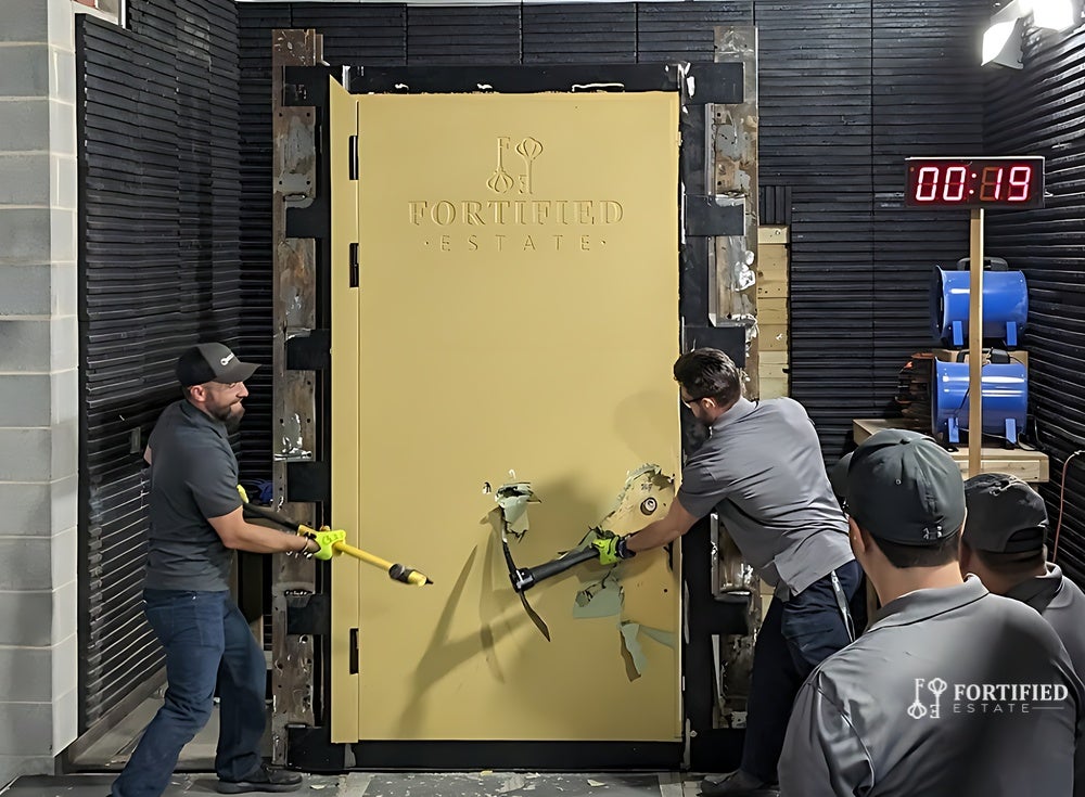 Workers in the Fortified Estate factory test the integrity of a door for a safe room that is resistant to bullets, sledgehammers, pickaxes and various other forms of battery