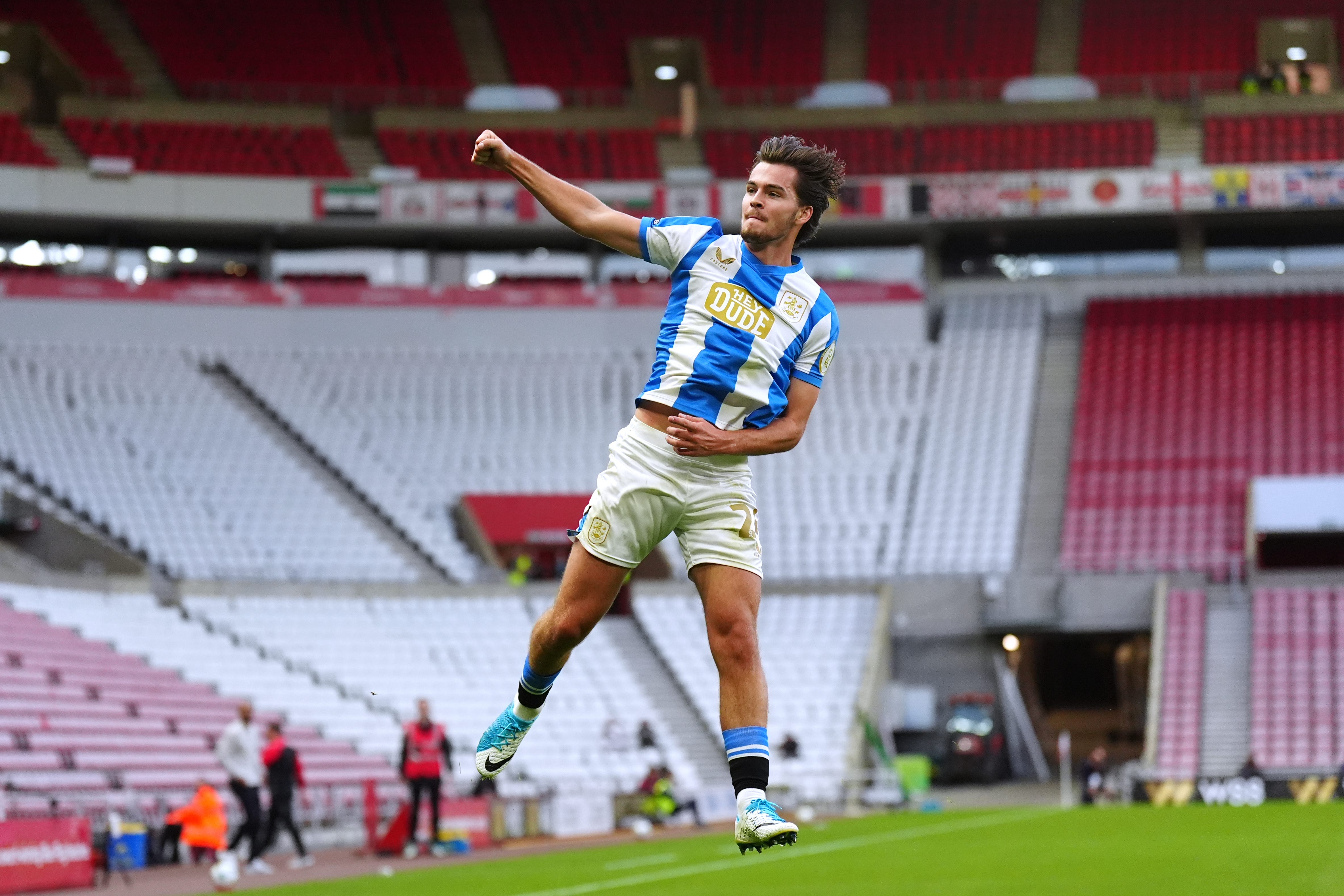 Huddersfield Town’s Leo Castledine celebrates after scoring his side’s first goal during the Carabao Cup second round match at Stadium of Light , Sunderland. Picture date: Tuesday August 26, 2025.