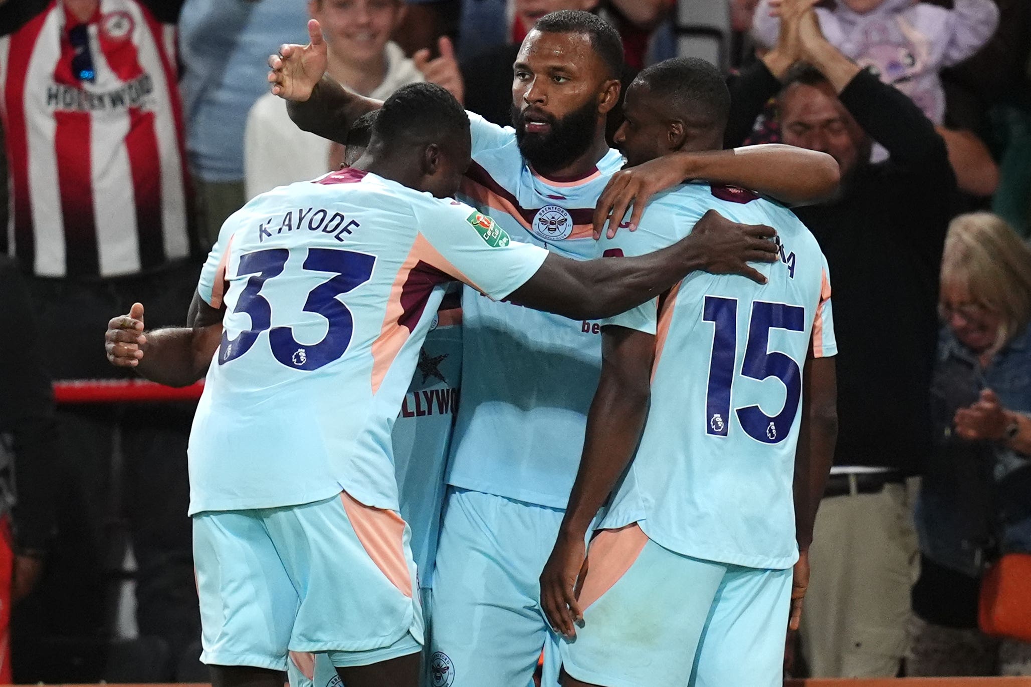 Igor Thiago, centre, celebrates after scoring Brentford’s second goal (John Walton/PA)