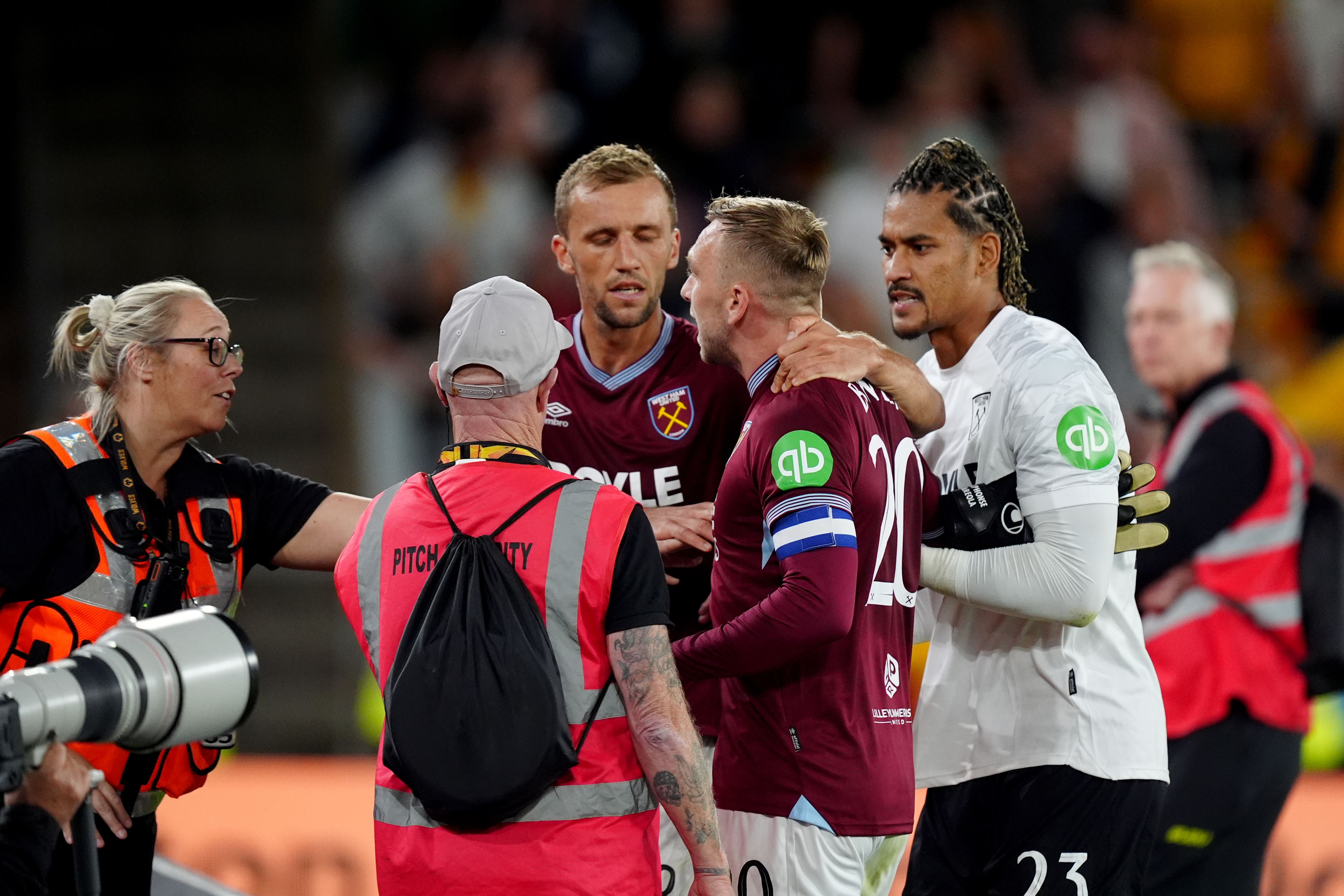 Jarrod Bowen was pulled away from fans after an argument following West Ham’s cup defeat