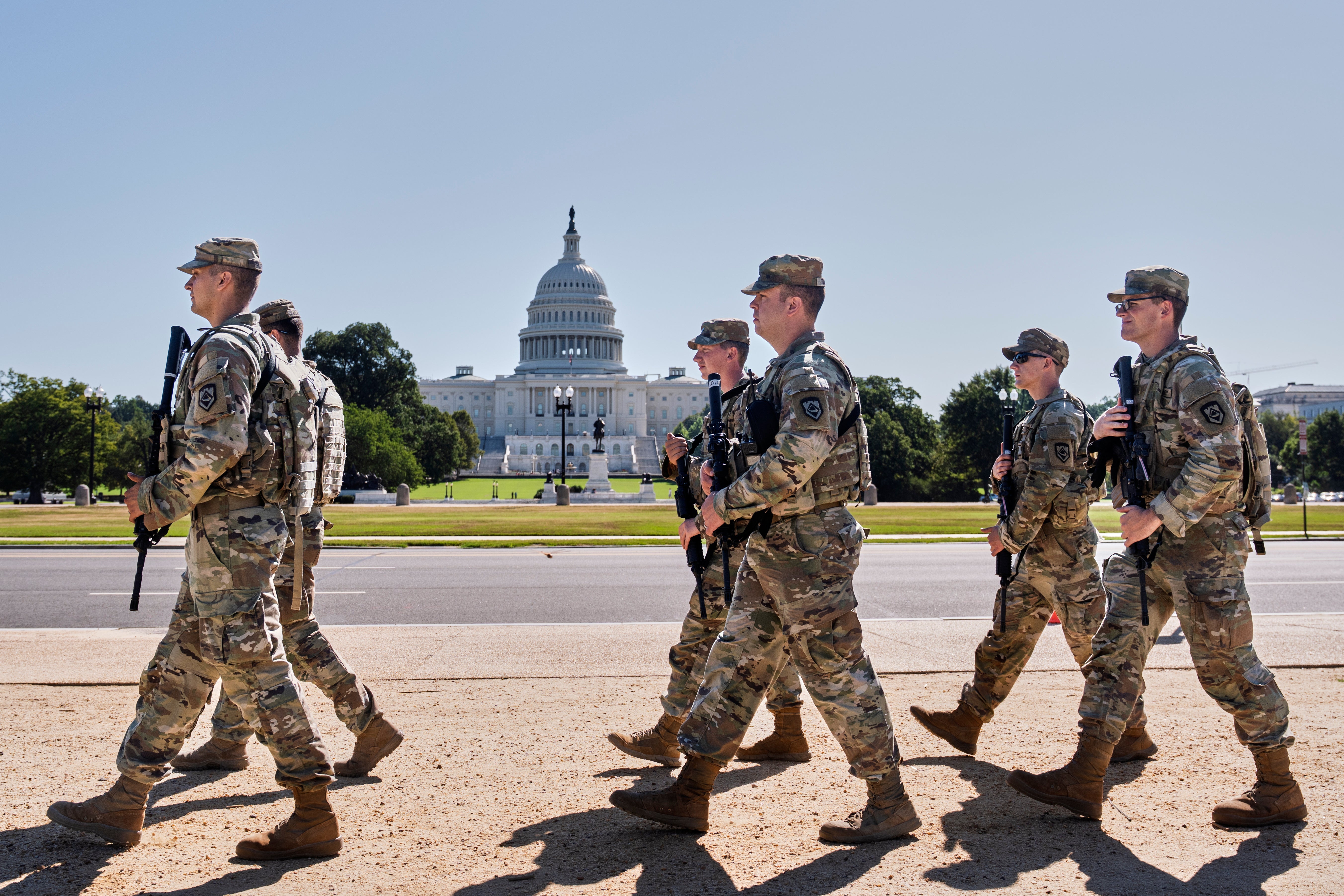 <p>Armed National Guard soldiers patrol the Mall near the Capitol in Washington DC, Aug. 26, 2025</p>