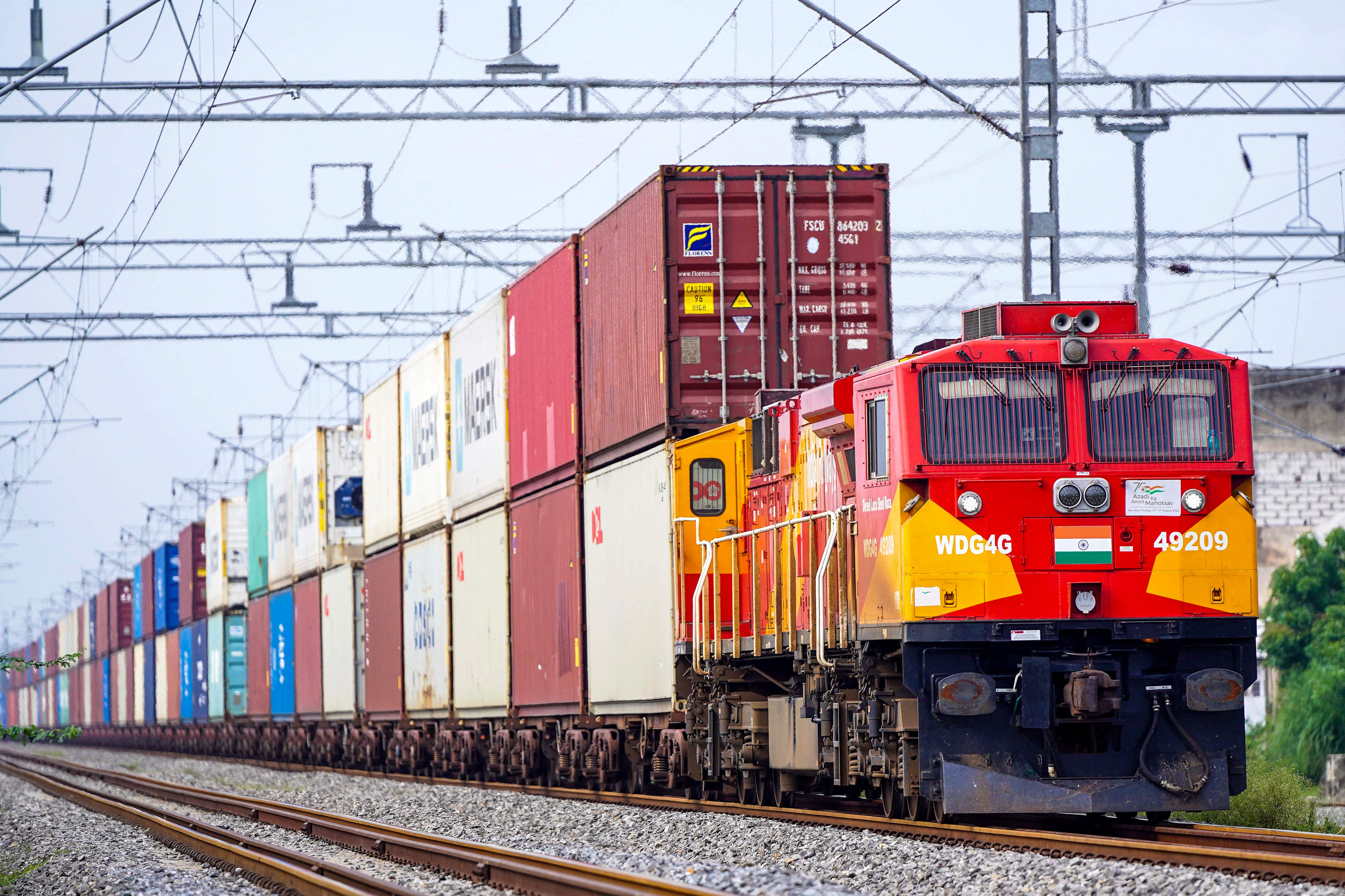 A freight train carrying cargo containers in Ajmer, India, on 26 August 2025