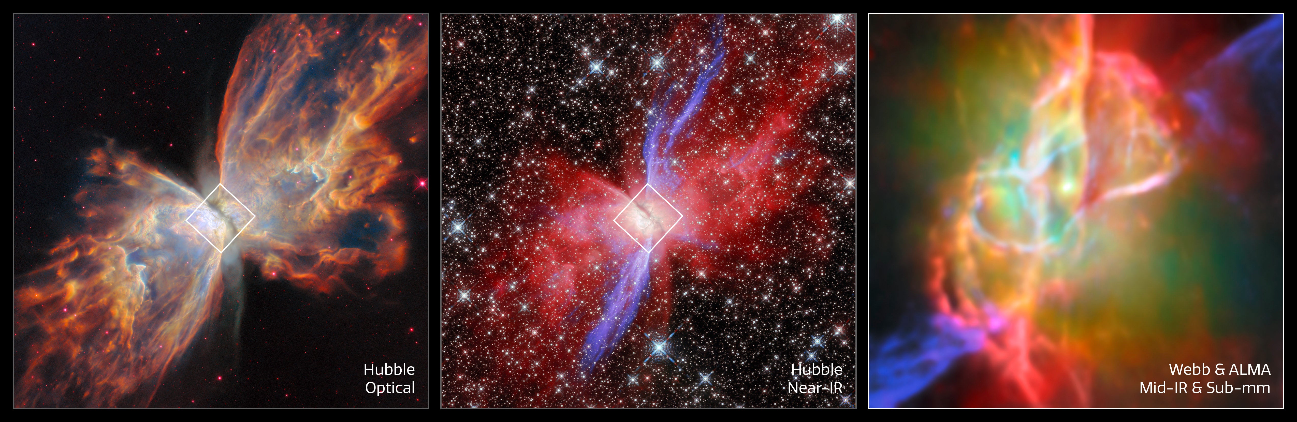 This image set showcases three views of the Butterfly Nebula, also called NGC 6302