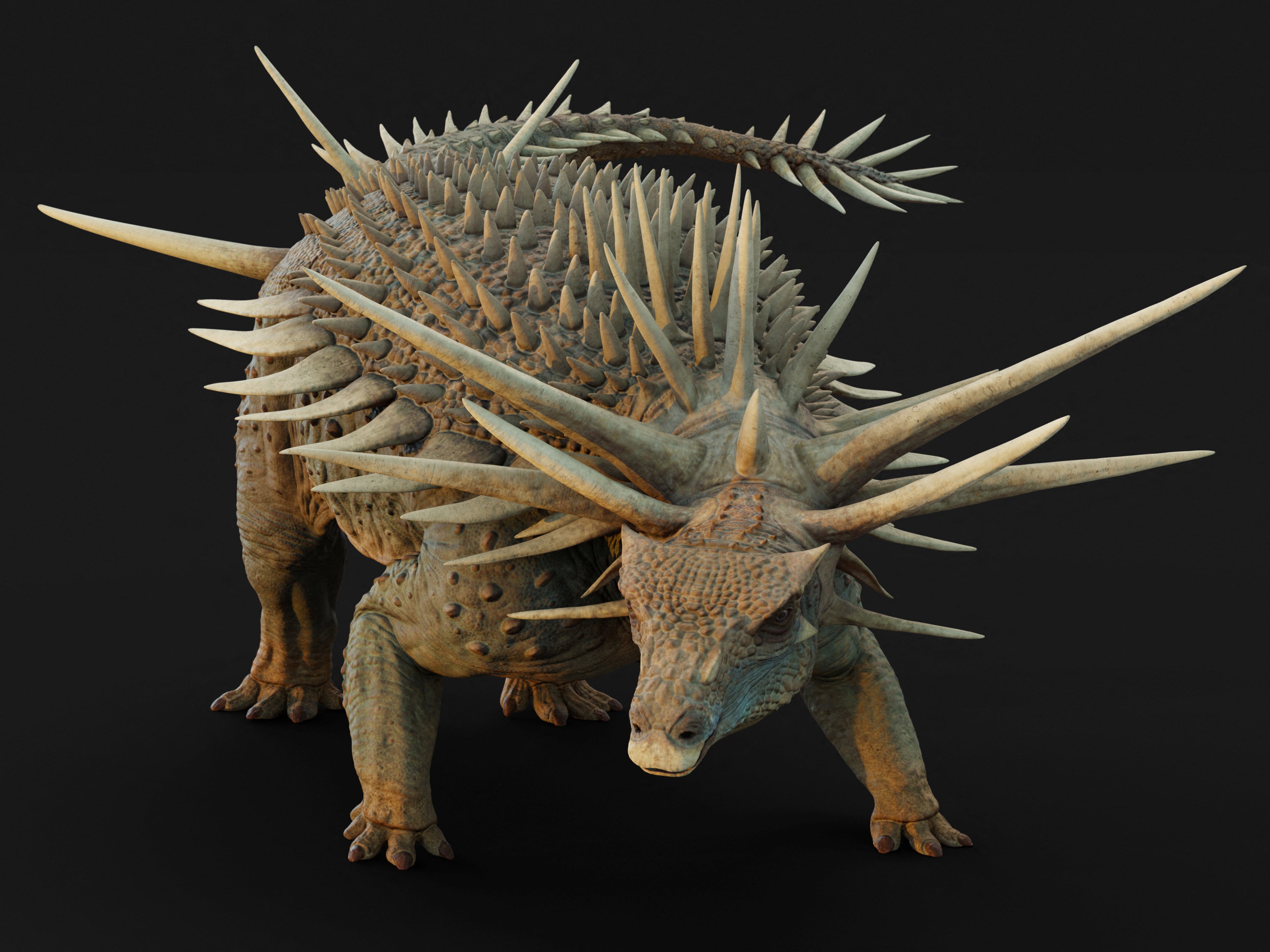 An artistic reconstruction of the ankylosaur Spicomellus afer, based on fossils found in the Atlas Mountains of Morocco, shows the animal with the most extensive armor of any known dinosaur