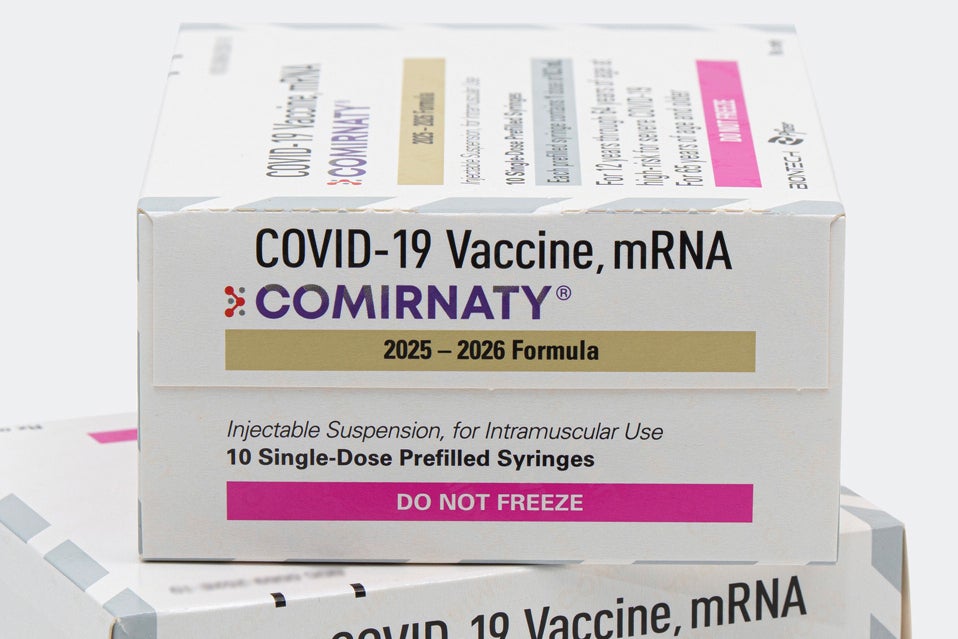 This photo provided by Pfizer in August 2025 shows boxes for the updated COVID-19 vaccine Comirnaty. (Pfizer via AP)