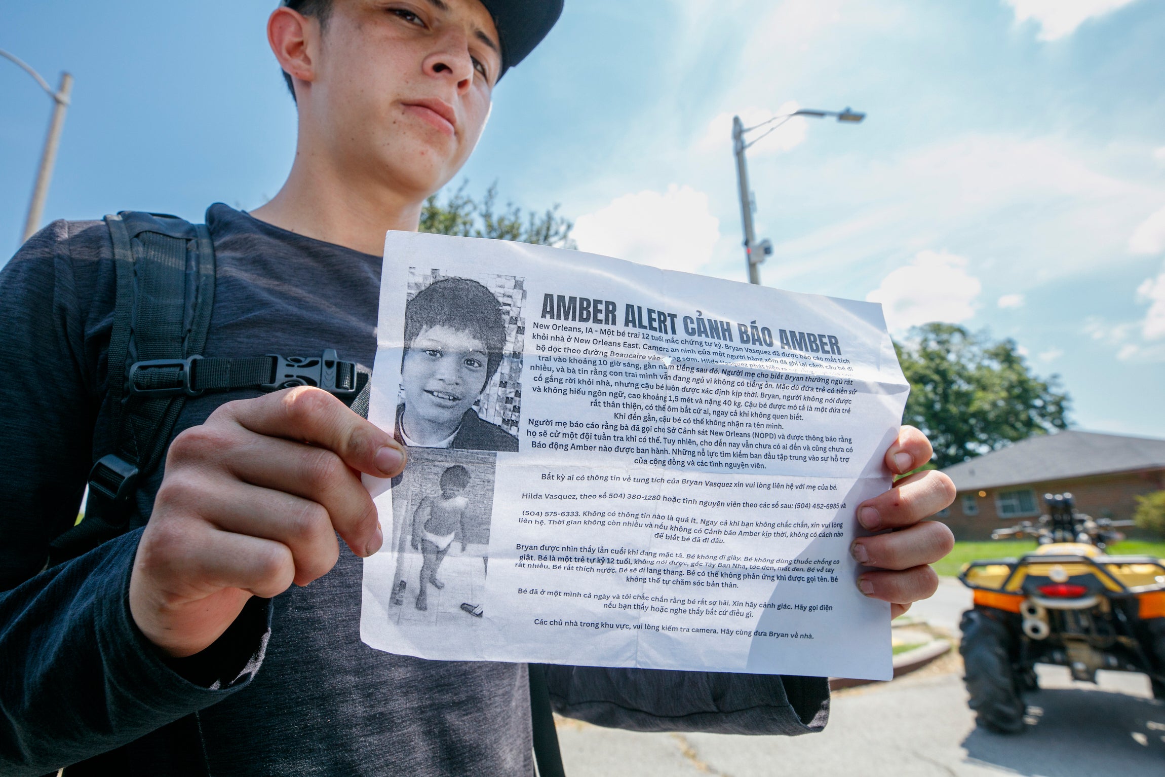 Neighbors and friends of the Vasquez family searched Village De L'East in New Orleans, Sunday, Aug. 17, 2025, for Bryan Vasquez, 12, who has been missing since Thursday