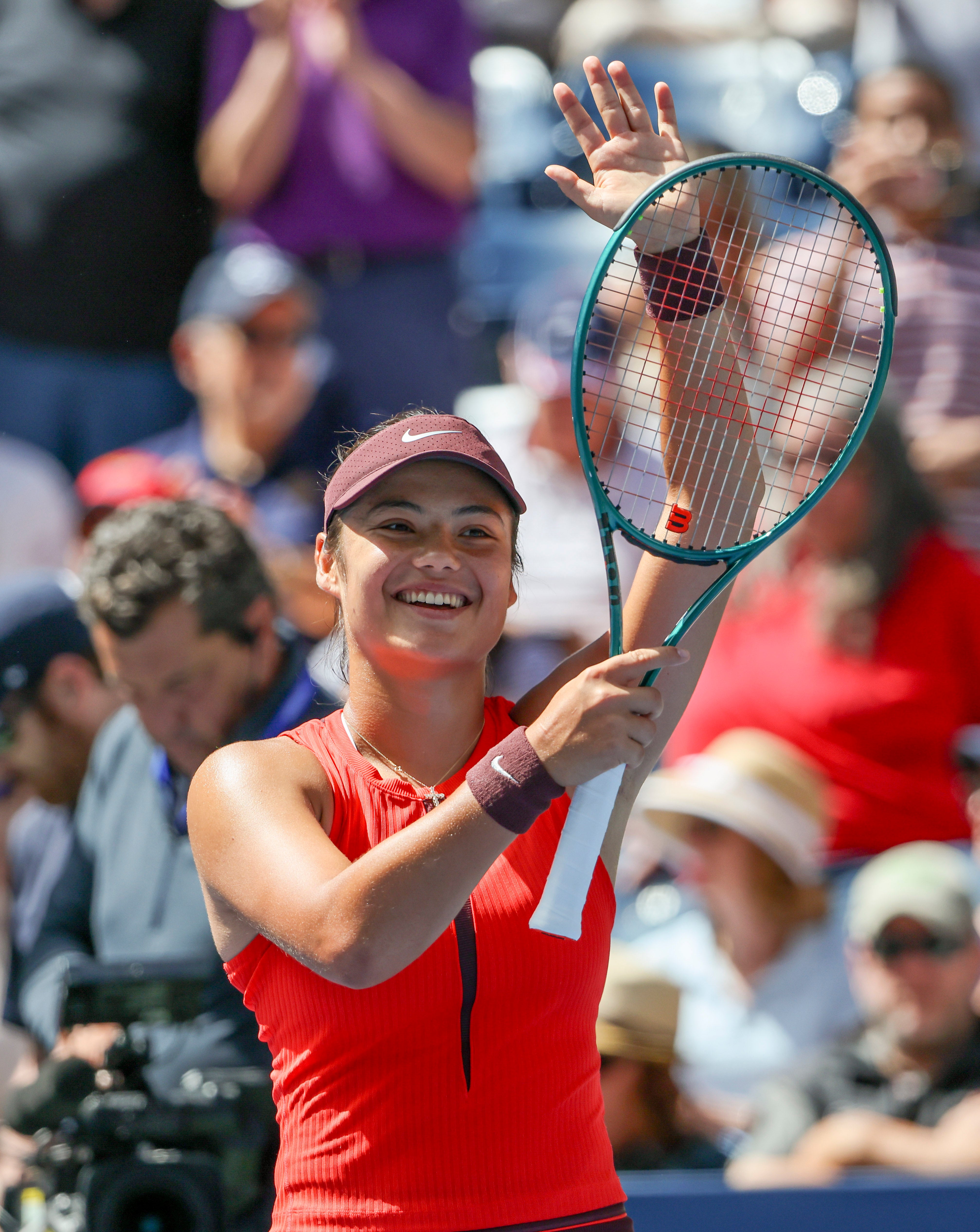 Emma Raducanu celebrates beating Janice Tjen in round two (Andres Kudacki/AP)