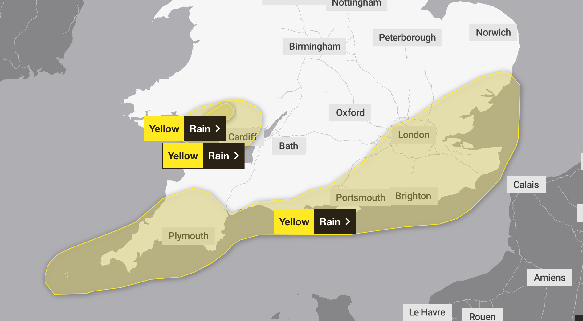 The warning covers large swathes of the south of England on Friday