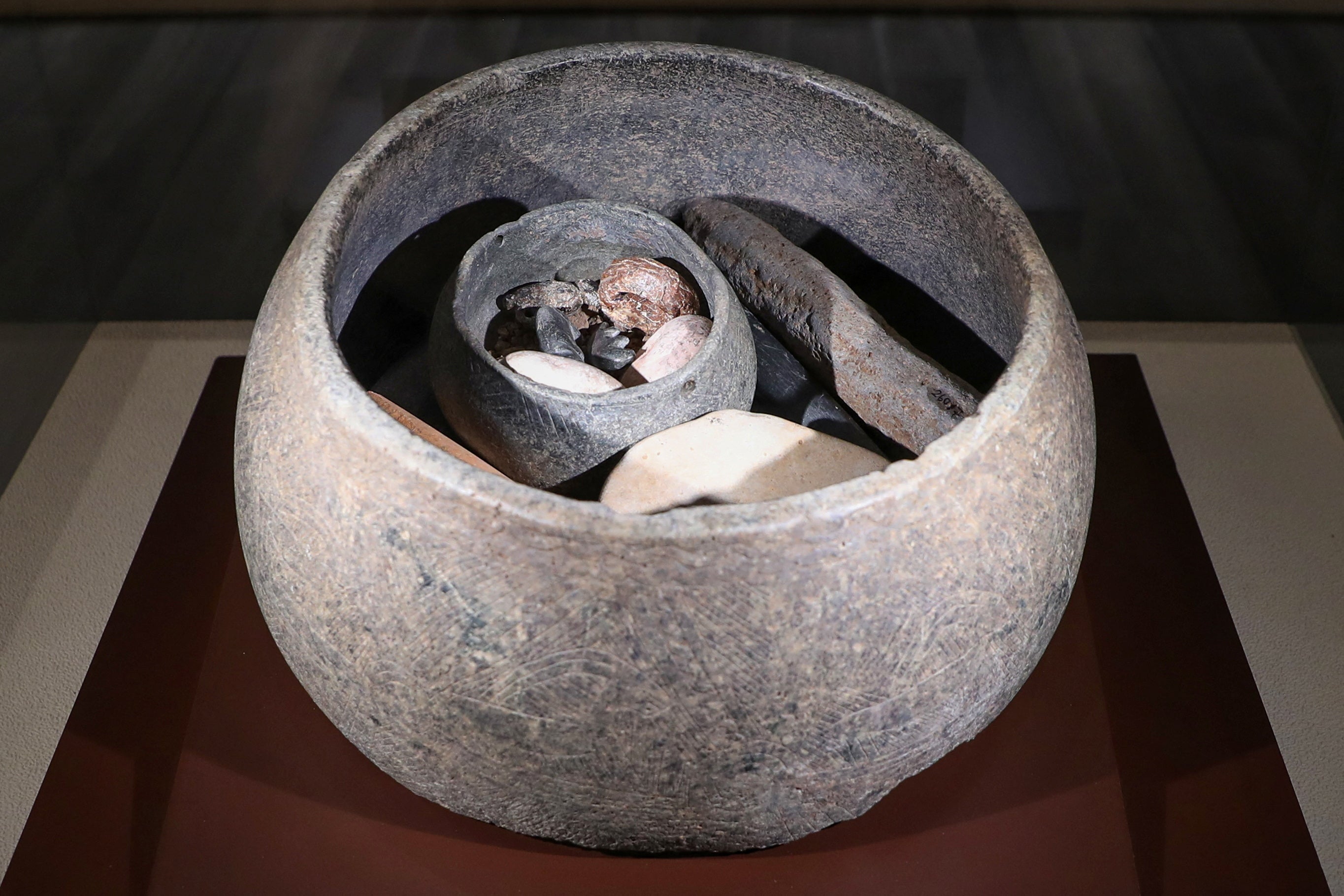 Animal figurines of a fox, a vulture, and a wild boar, forming a three-dimensional narrative, discovered at the Karahan Tepe archaeological site, are displayed in the "Golden Age of Archaeology" exhibition